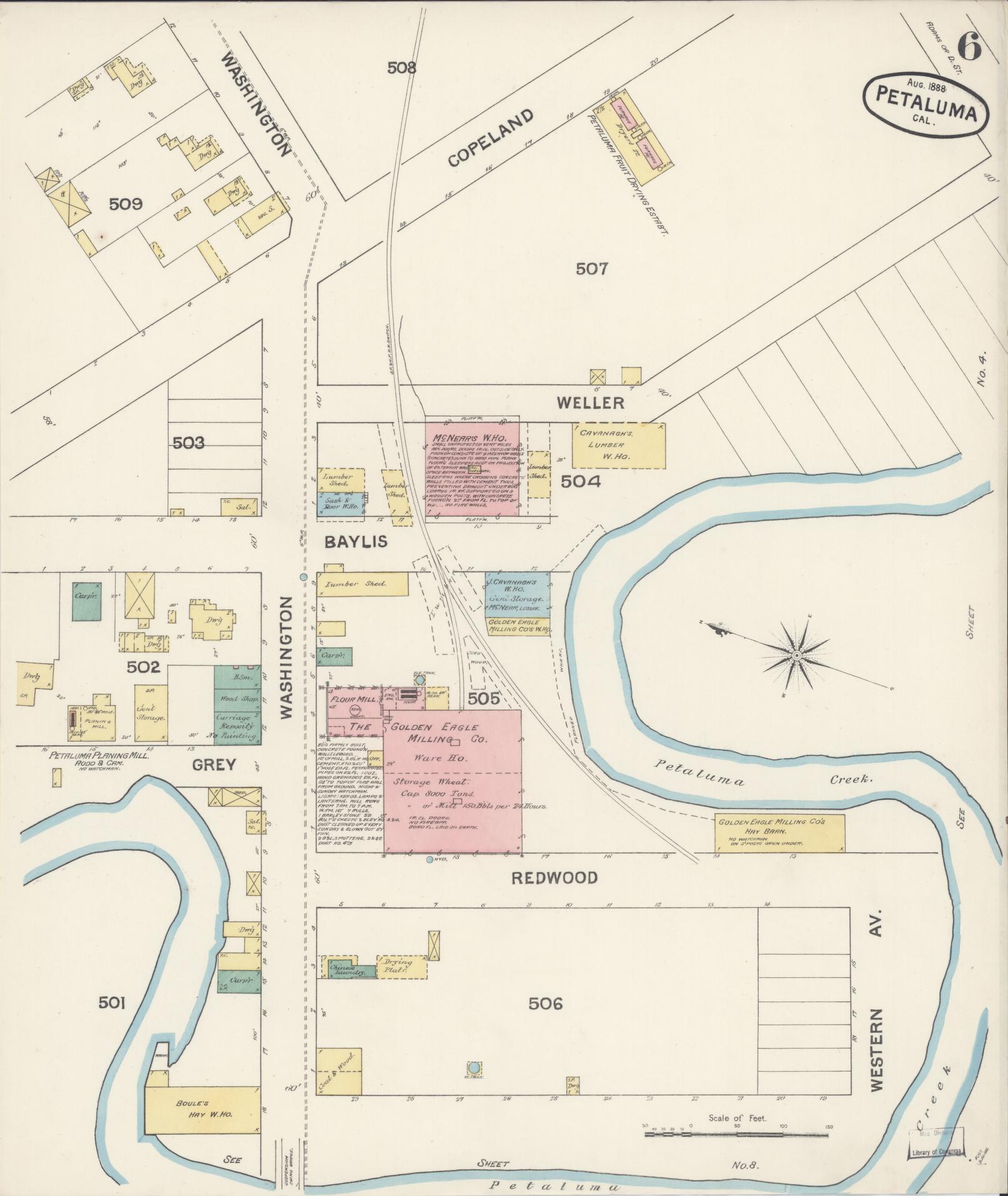 Sanborn Fire Insurance Map from Petaluma, Sonoma County, California (1888), Sheet #0006 - Complete Map Set gallery image, historic Sanborn map, vintage wall art, California California