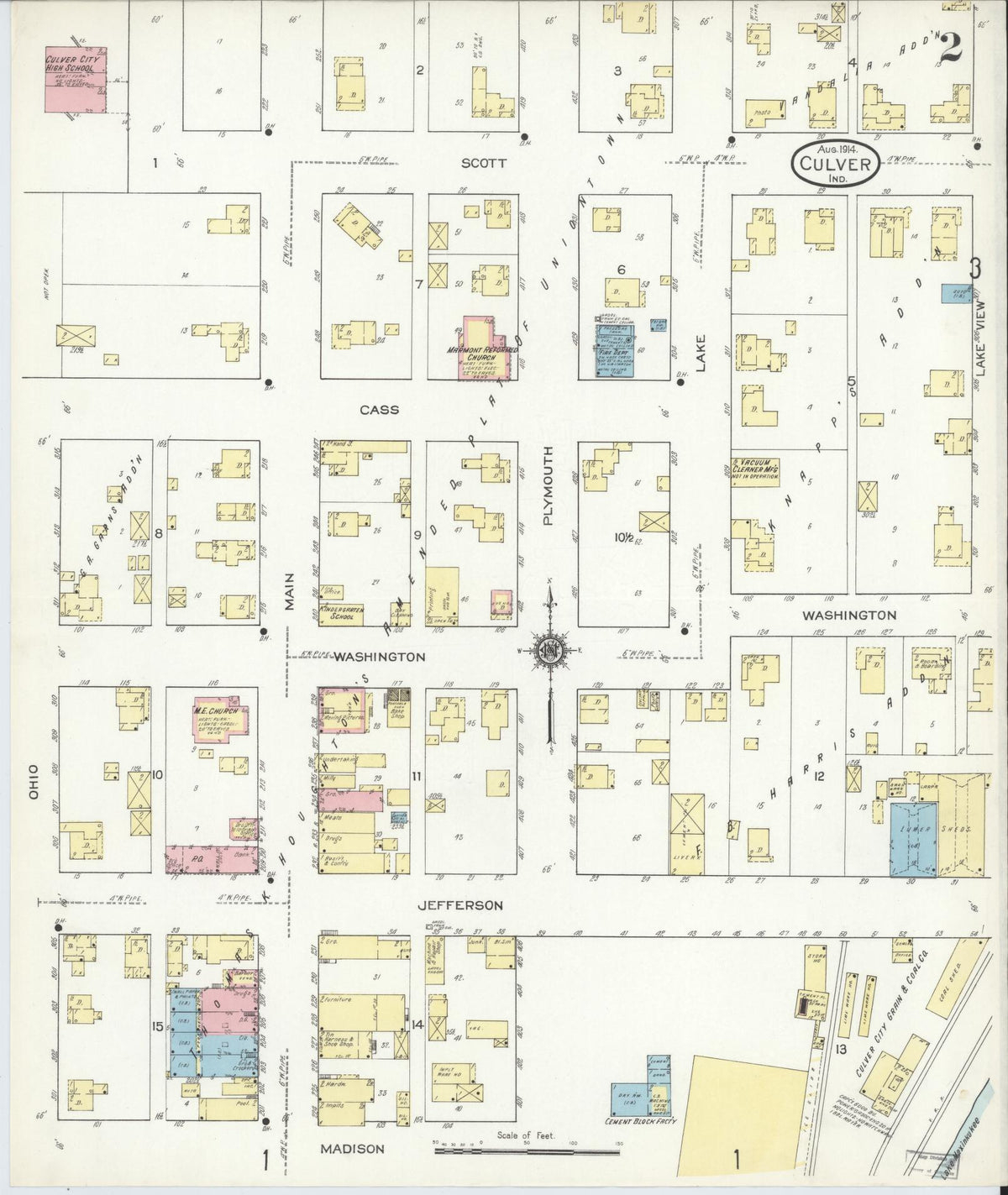 Sanborn Fire Insurance Map from Culver, Marshall County, Indiana (1914), Sheet #0002 - Historic Sanborn Fire Insurance Map Print, vintage old map wall art, antique decor, genealogy gift, Indiana Indiana map