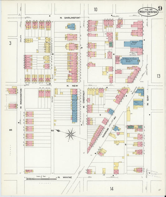 Sanborn Fire Insurance Map from West Chester, Chester County, Pennsylvania (1909), Sheet #0009 - Historic Sanborn Fire Insurance Map Print, vintage old map wall art, antique decor, genealogy gift, Pennsylvania Pennsylvania map