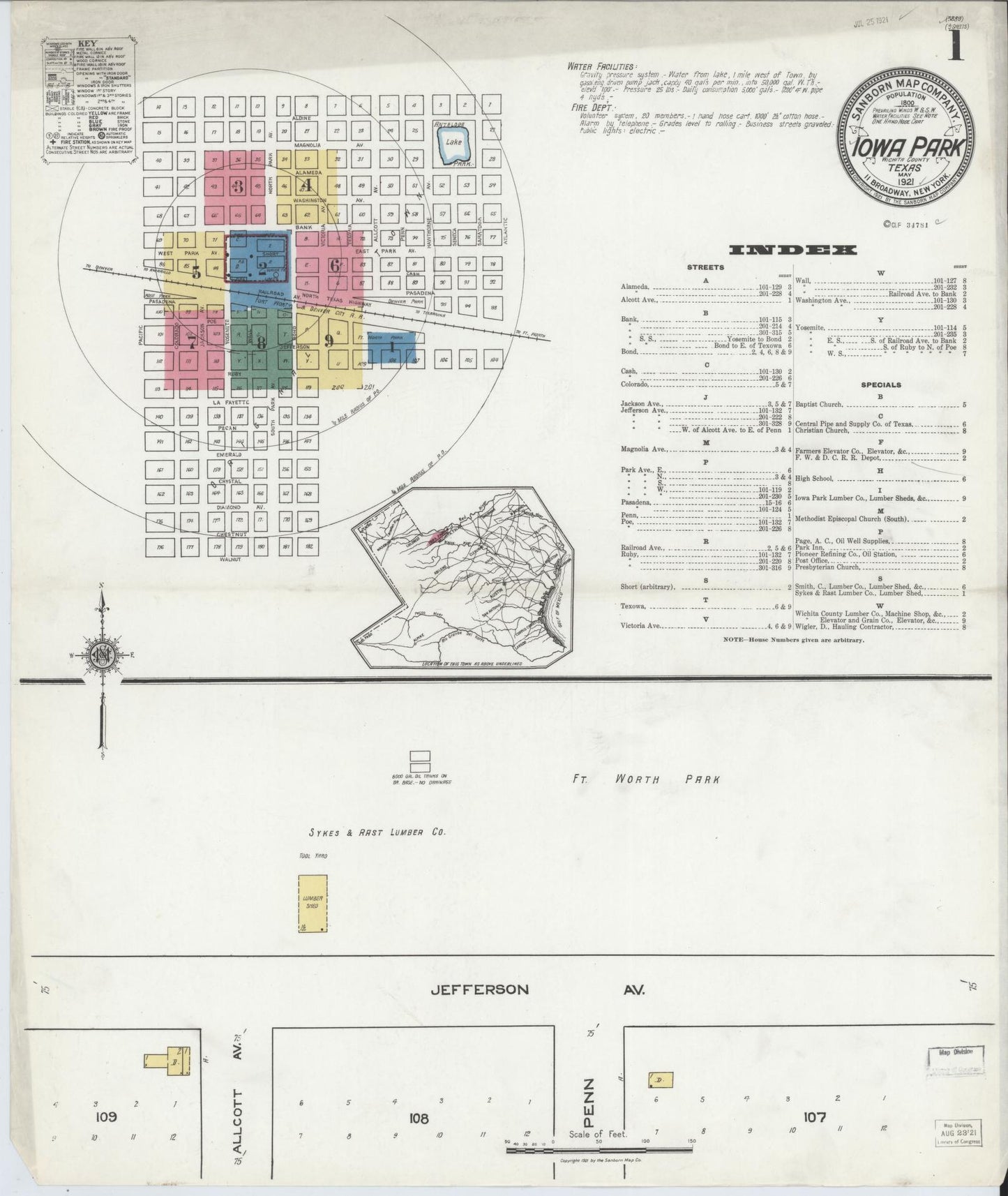 Sanborn Fire Insurance Map from Iowa Park, Wichita County, Texas (1921), Sheet #0001 - Historic Sanborn Fire Insurance Map Print, vintage old map wall art