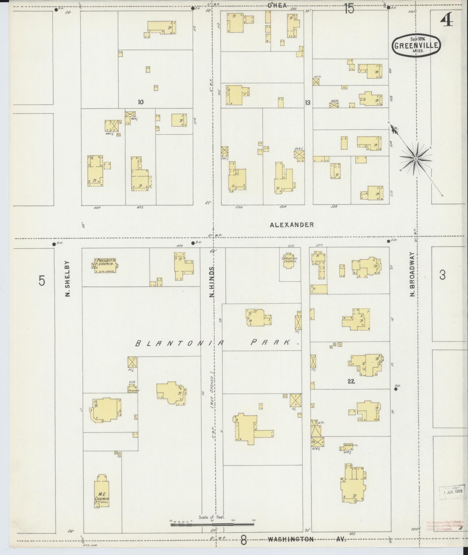 Sanborn Fire Insurance Map from Greenville, Washington County, Mississippi (1896), Sheet #0004 - Complete Map Set gallery image, historic Sanborn map, vintage wall art, Mississippi Mississippi