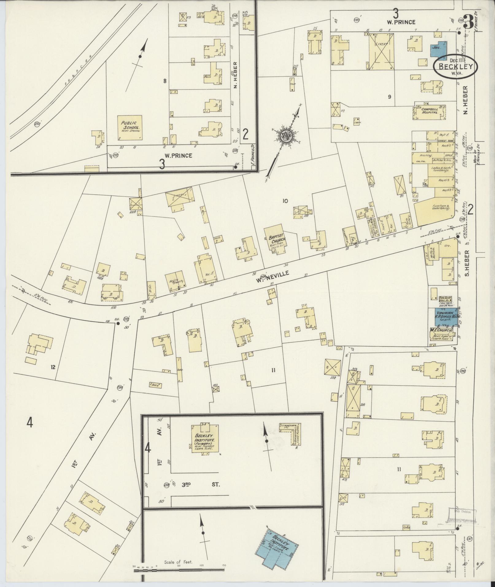 Sanborn Fire Insurance Map from Beckley, Raleigh County, West Virginia (1911), Sheet #0003 - Complete Map Set gallery image, historic Sanborn map, vintage wall art, West Virginia West Virginia