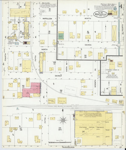 Sanborn Fire Insurance Map from Monticello, Drew County, Arkansas (1908), Sheet #0004 - Complete Map Set gallery image, historic Sanborn map, vintage wall art, Arkansas Arkansas