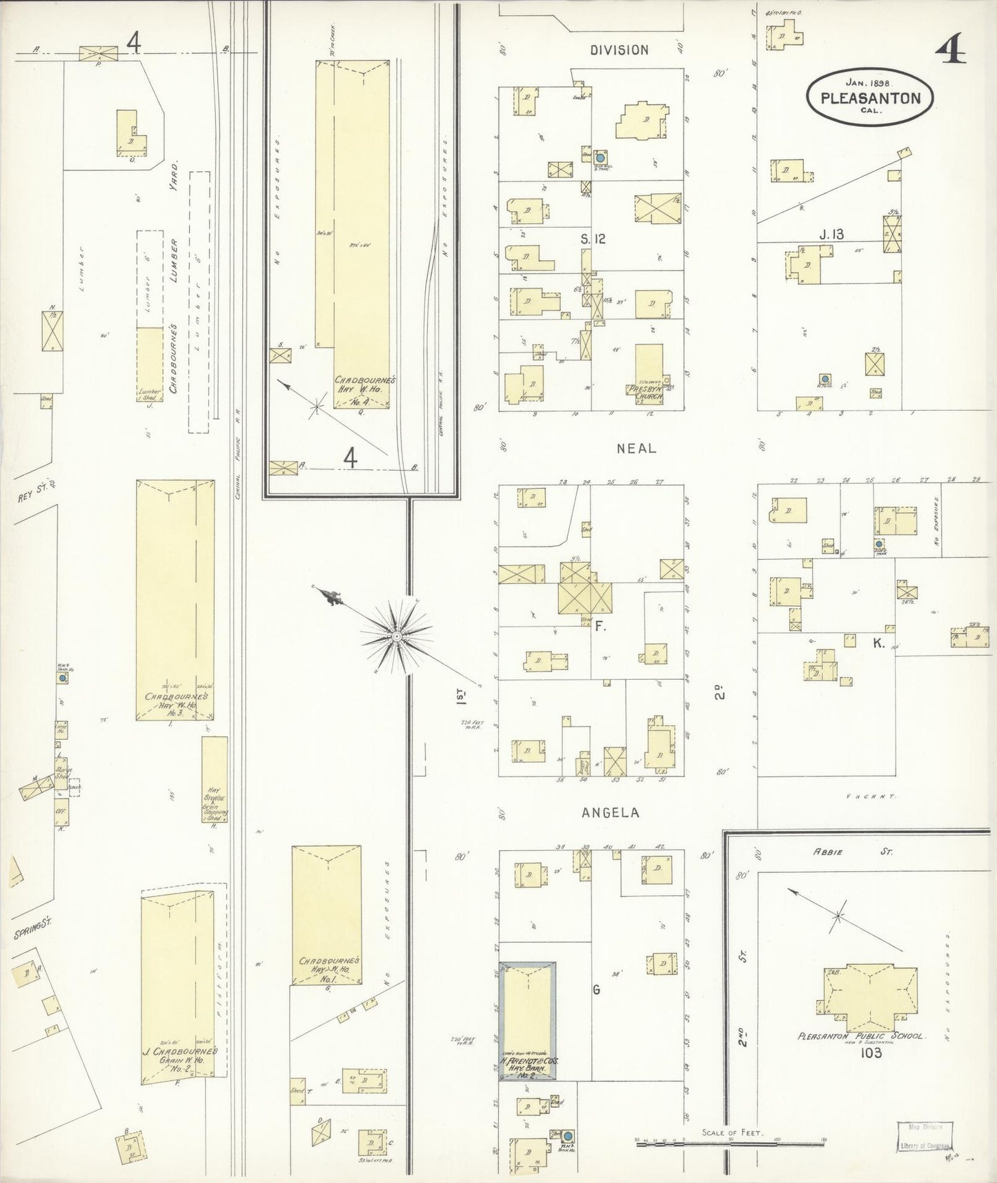 Sanborn Fire Insurance Map from Pleasanton, Alameda County, California (1898), Sheet #0004 - Complete Map Set gallery image, historic Sanborn map, vintage wall art, California California