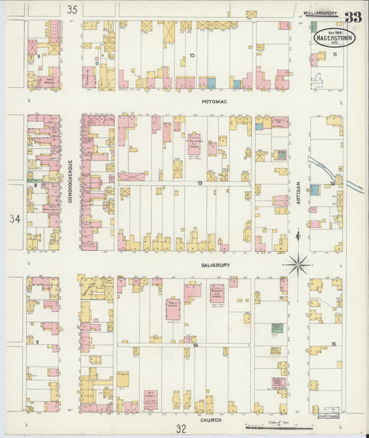 Sanborn Fire Insurance Map from Hagerstown, Washington County, Maryland (1904), Sheet #0033 - Historic Sanborn Fire Insurance Map Print, vintage old map wall art, antique decor, genealogy gift, Maryland Maryland map