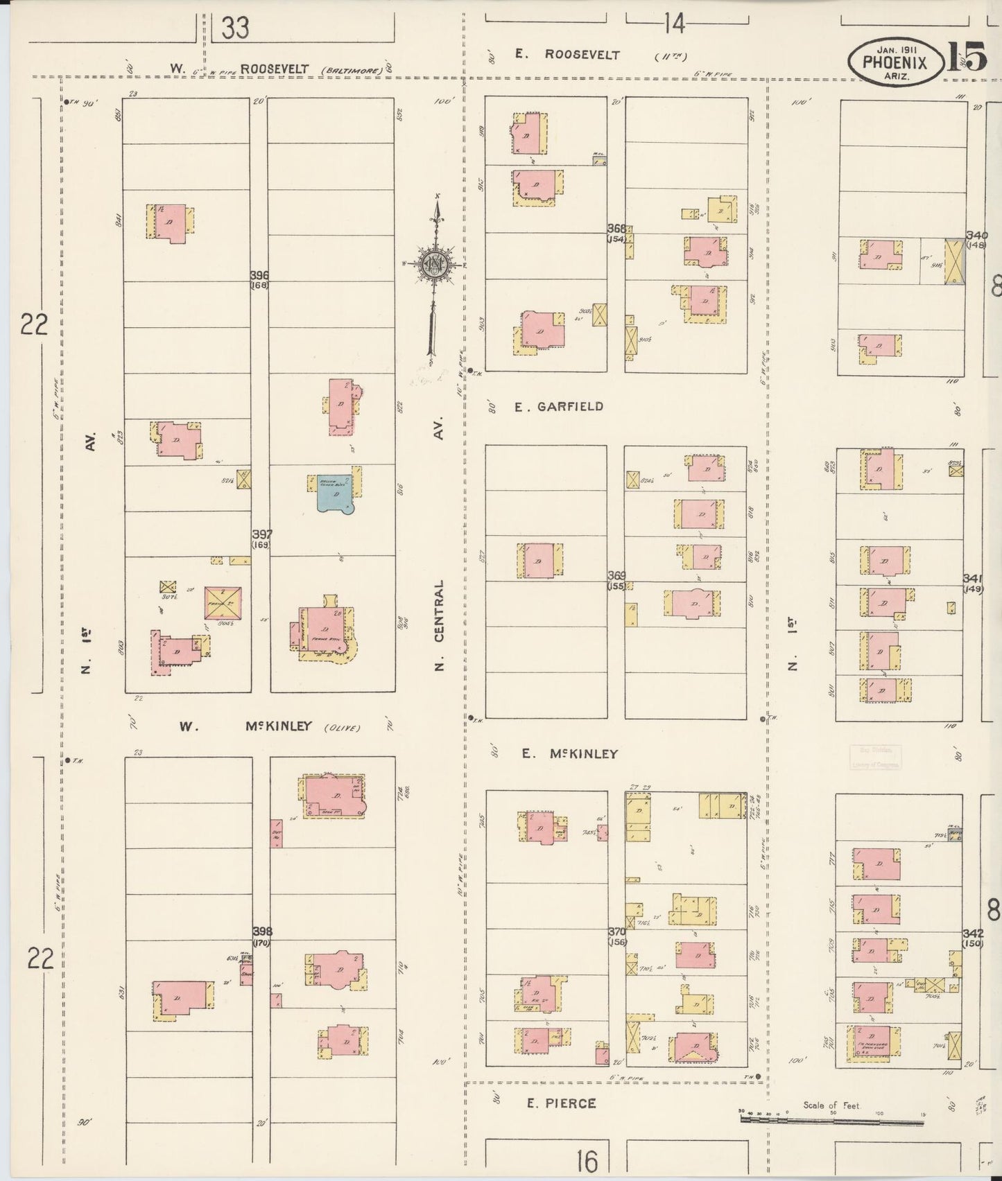 Sanborn Fire Insurance Map from Phoenix, Maricopa County, Arizona (1911), Sheet #0015 - Complete Map Set gallery image, historic Sanborn map, vintage wall art, Arizona Arizona
