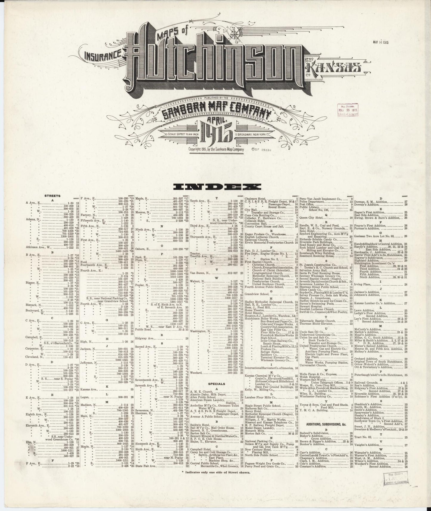 Sanborn Fire Insurance Map from Hutchinson, Reno County, Kansas (1915), Sheet #0001 - Complete Map Set gallery image, historic Sanborn map, vintage wall art, Kansas Kansas