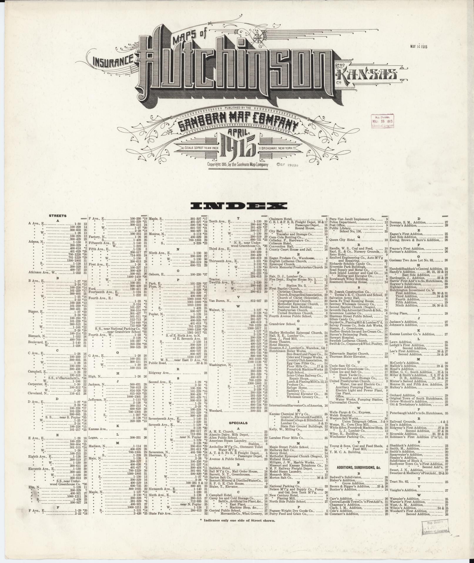 Sanborn Fire Insurance Map from Hutchinson, Reno County, Kansas (1915), Sheet #0001 - Complete Map Set gallery image, historic Sanborn map, vintage wall art, Kansas Kansas