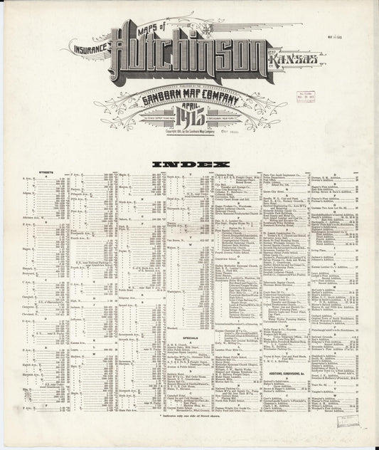 Sanborn Fire Insurance Map from Hutchinson, Reno County, Kansas (1915), Sheet #0001 - Complete Map Set gallery image, historic Sanborn map, vintage wall art, Kansas Kansas