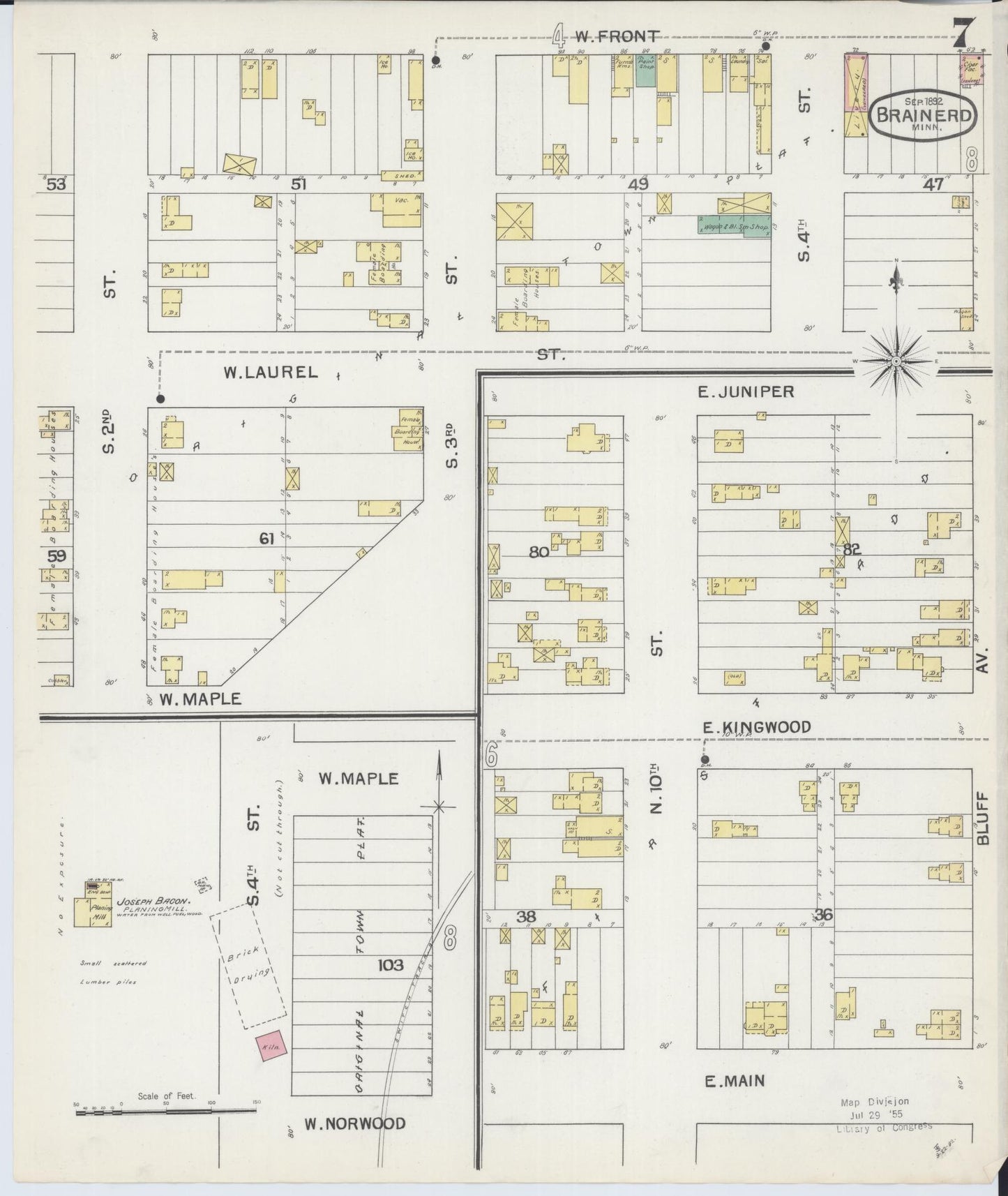 Sanborn Fire Insurance Map from Brainerd, Crow Wing County, Minnesota (1892), Sheet #0007 - Historic Sanborn Fire Insurance Map Print, vintage old map wall art, antique decor, genealogy gift, Minnesota Minnesota map