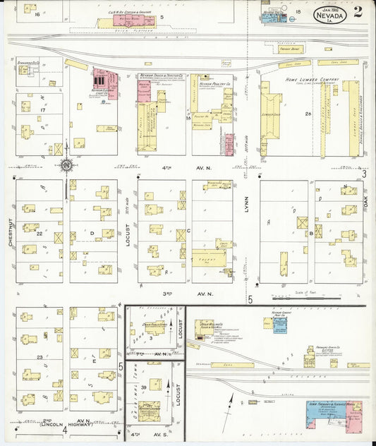 Sanborn Fire Insurance Map from Nevada, Story County, Iowa (1916), Sheet #0002 - Historic Sanborn Fire Insurance Map Print, vintage old map wall art