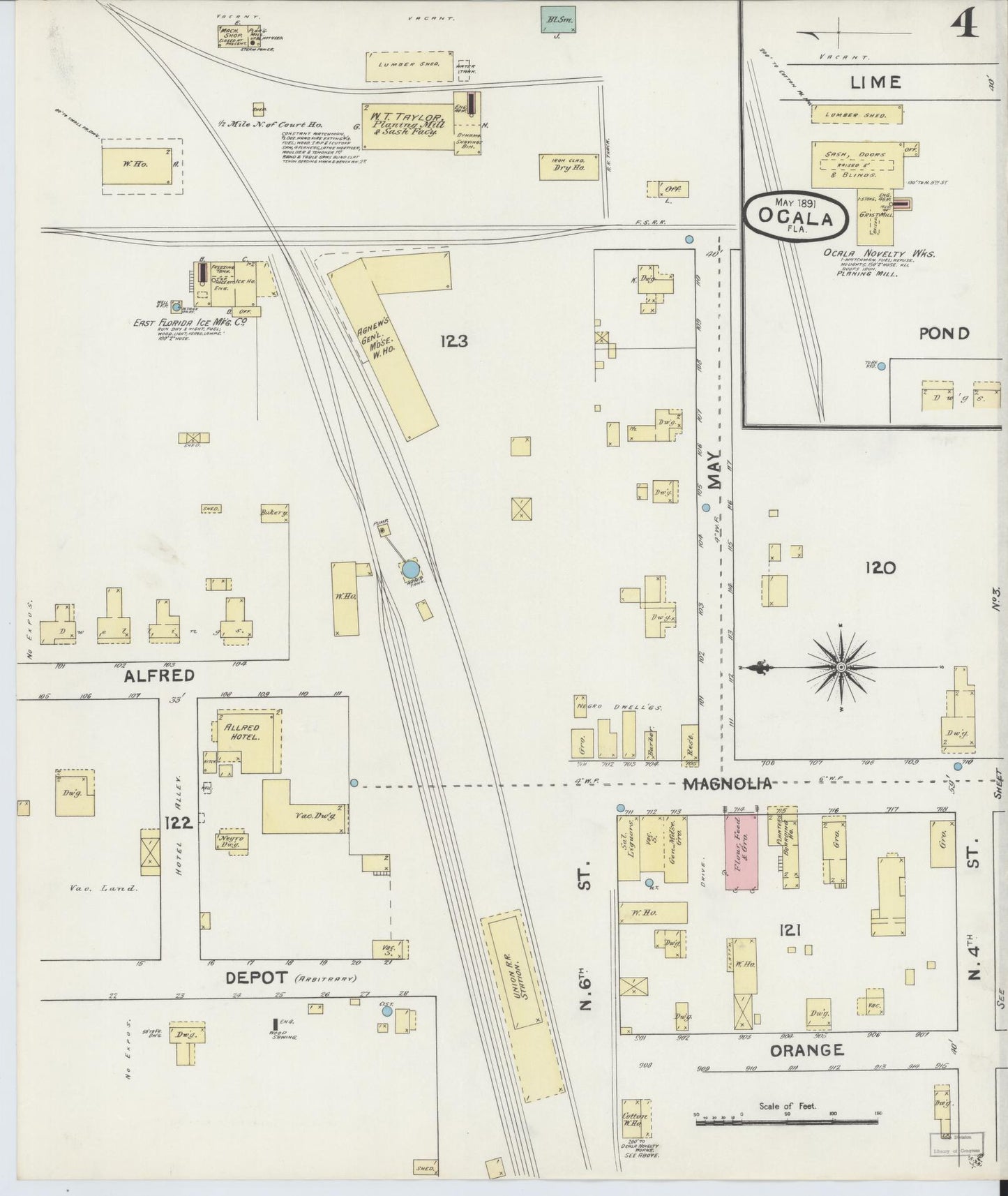 Sanborn Fire Insurance Map from Ocala, Marion County, Florida (1891), Sheet #0004 - Complete Map Set gallery image, historic Sanborn map, vintage wall art, Florida Florida