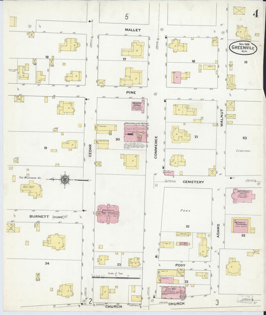 Sanborn Fire Insurance Map from Greenville, Butler County, Alabama (1909), Sheet #0004 - Historic Sanborn Fire Insurance Map Print, vintage old map wall art, antique decor, genealogy gift, Alabama Alabama map