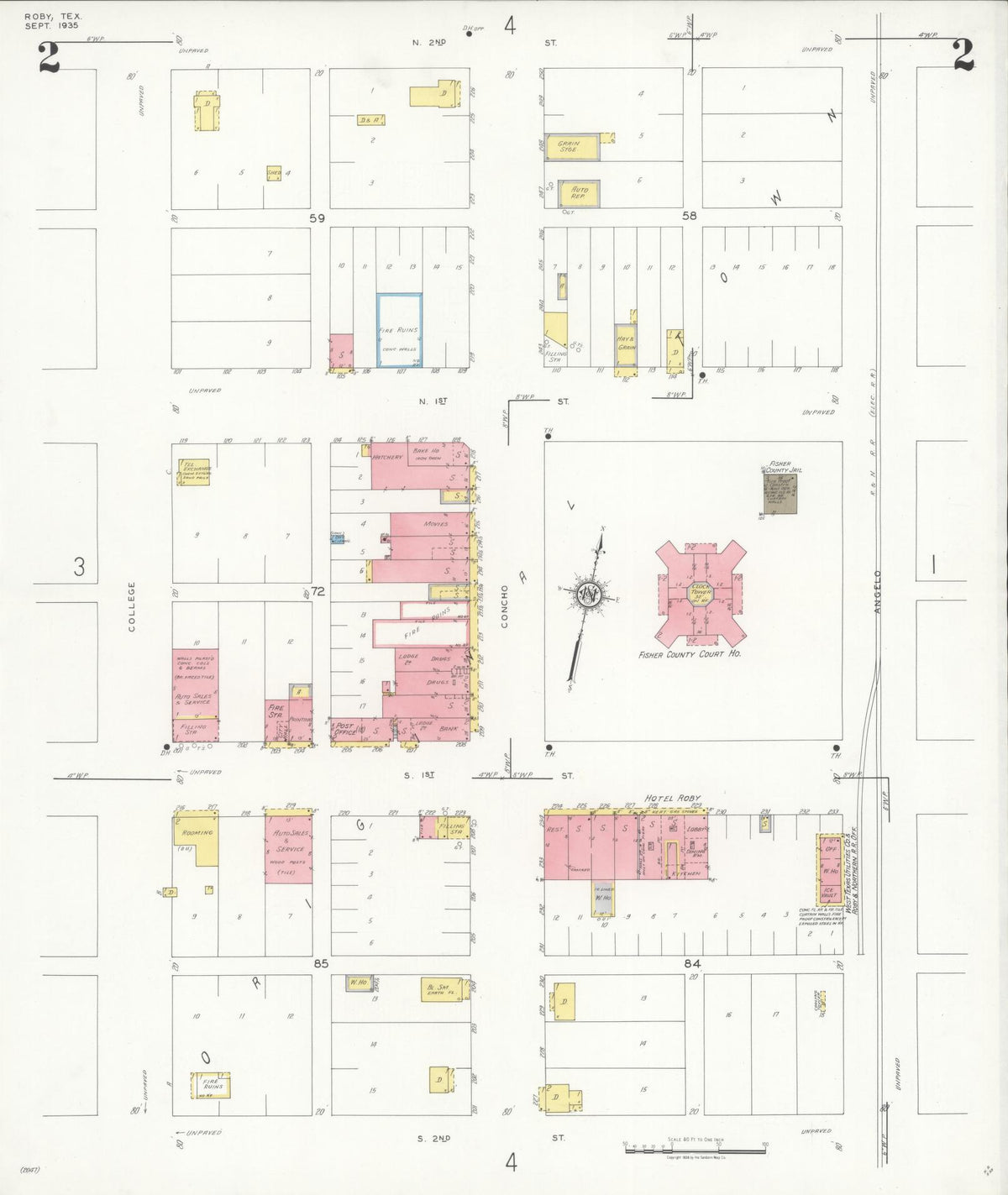 Sanborn Fire Insurance Map from Roby, Fisher County, Texas (1935), Sheet #0002 - Complete Map Set gallery image, historic Sanborn map, vintage wall art, Texas Texas