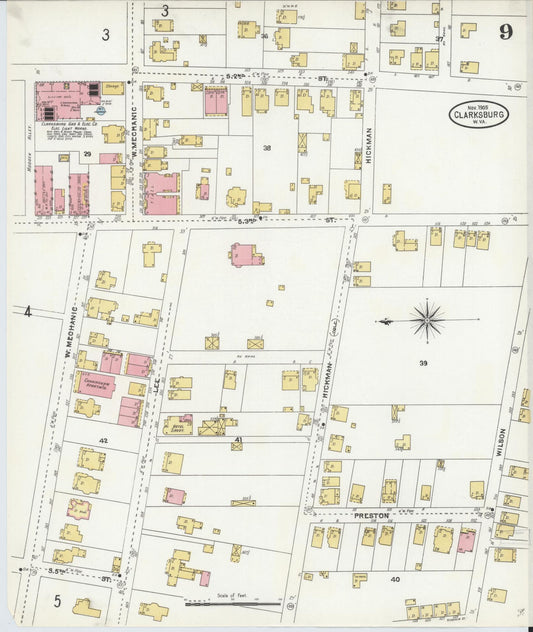 Sanborn Fire Insurance Map from Clarksburg, Harrison County, West Virginia (1905), Sheet #0009 - Historic Sanborn Fire Insurance Map Print, vintage old map wall art, antique decor, genealogy gift, West Virginia West Virginia map