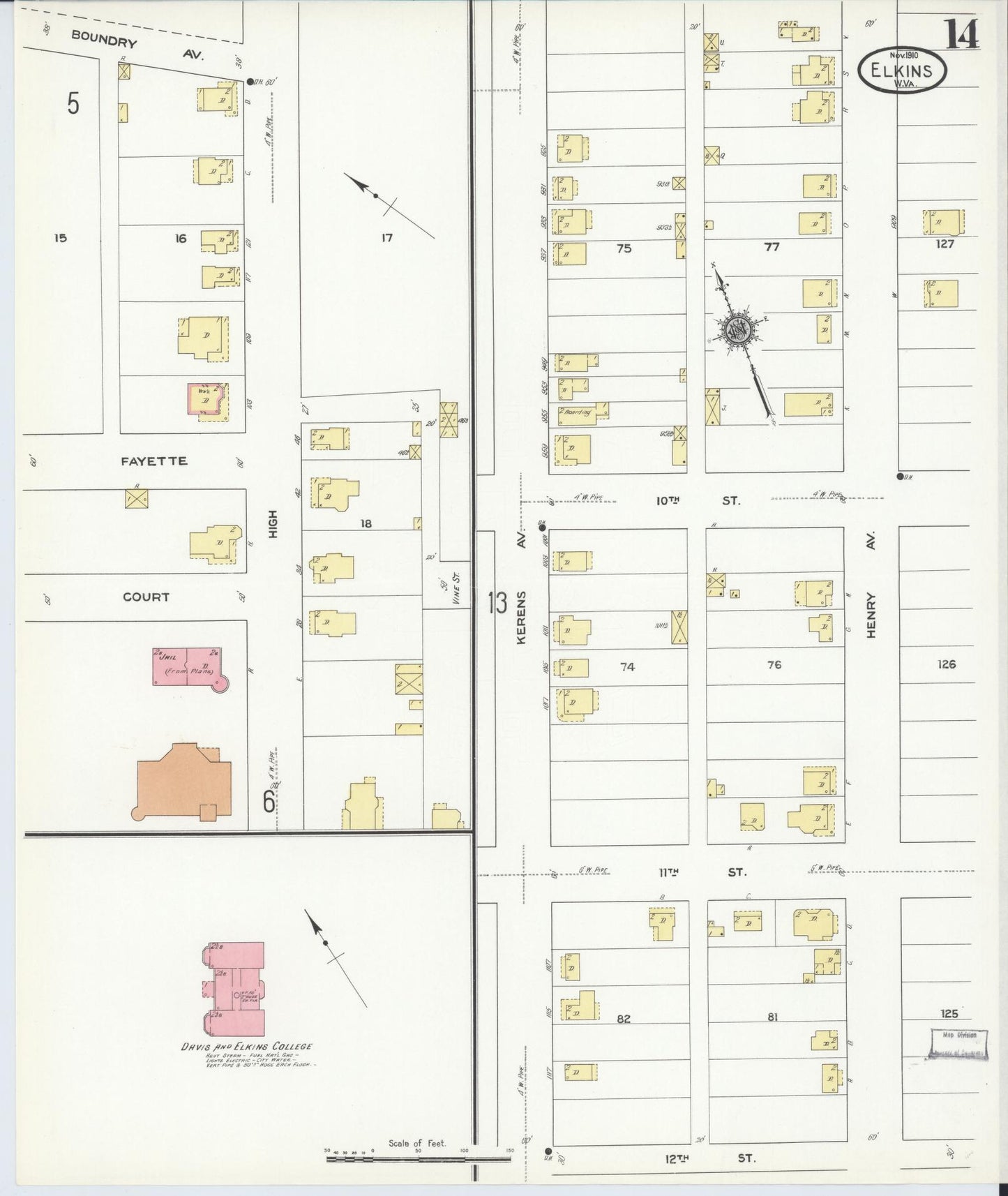 Sanborn Fire Insurance Map from Elkins, Randolph County, West Virginia (1910), Sheet #0014 - Complete Map Set gallery image, historic Sanborn map, vintage wall art, West Virginia West Virginia