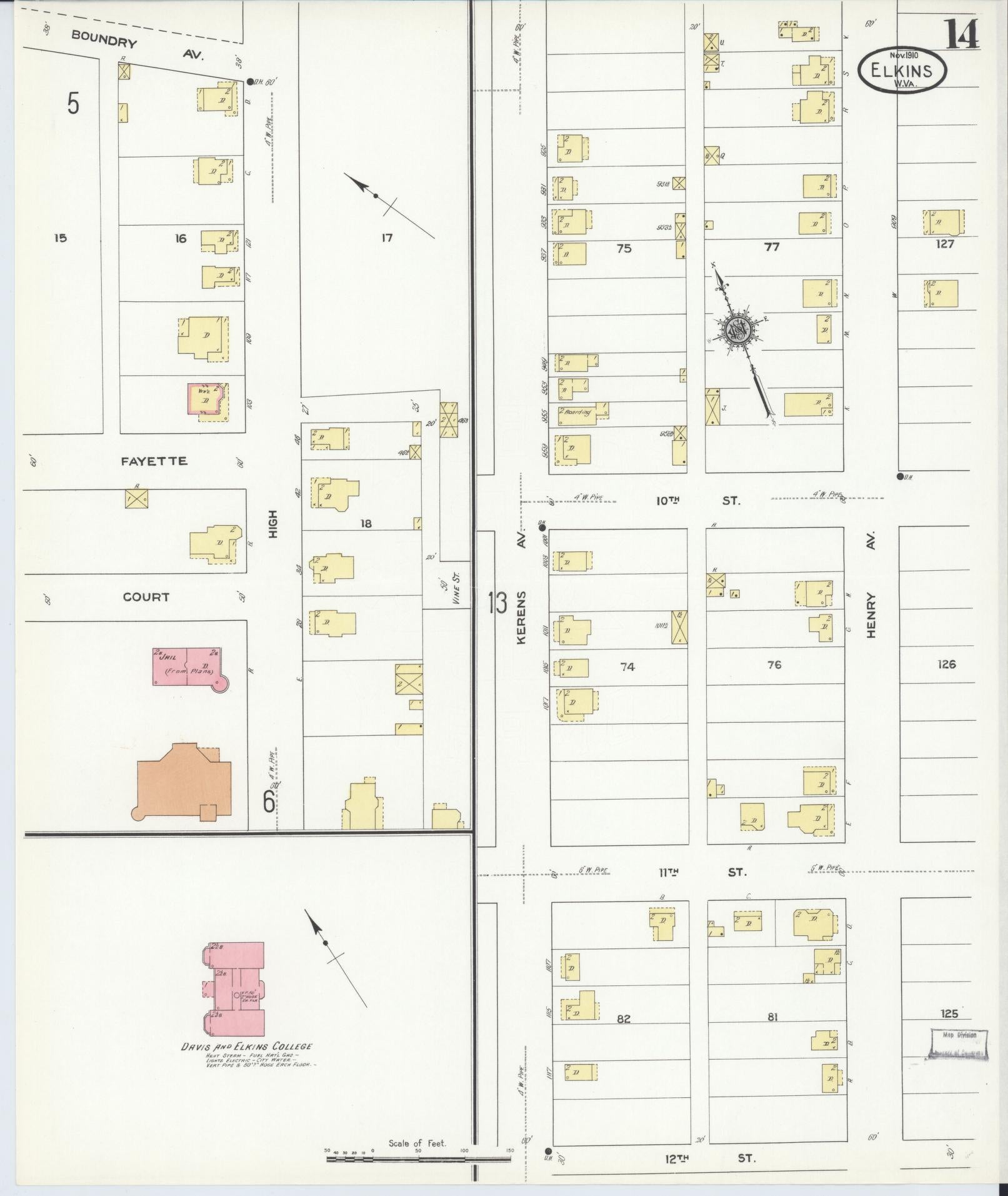 Sanborn Fire Insurance Map from Elkins, Randolph County, West Virginia (1910), Sheet #0014 - Complete Map Set gallery image, historic Sanborn map, vintage wall art, West Virginia West Virginia