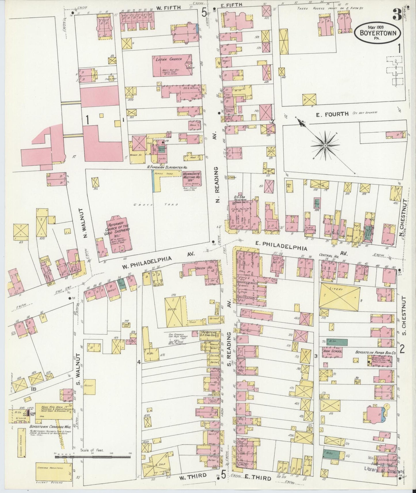 Sanborn Fire Insurance Map from Boyertown, Berks County, Pennsylvania (1909), Sheet #0003 - Historic Sanborn Fire Insurance Map Print, vintage old map wall art, antique decor, genealogy gift, Pennsylvania Pennsylvania map