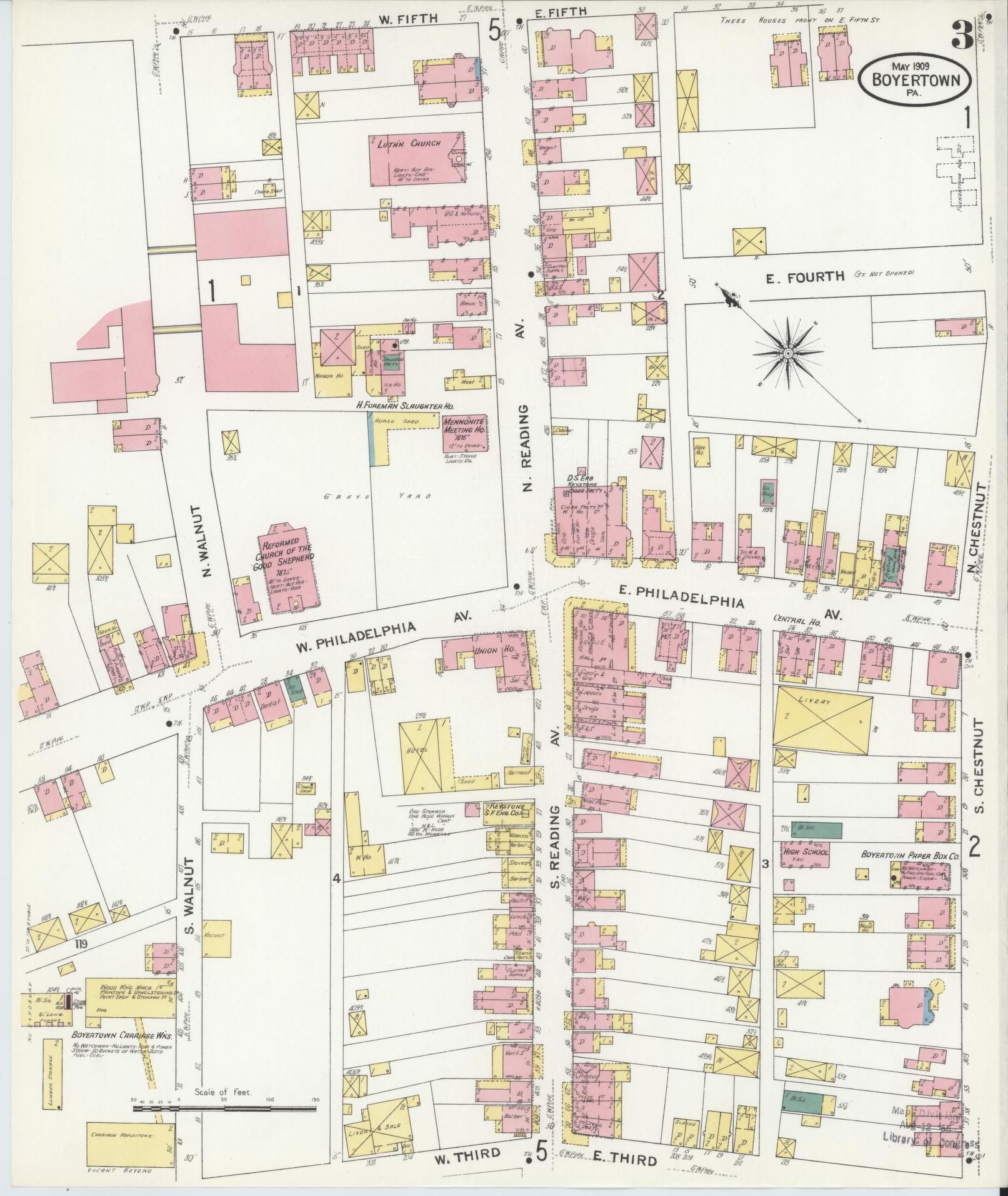 Sanborn Fire Insurance Map from Boyertown, Berks County, Pennsylvania (1909), Sheet #0003 - Historic Sanborn Fire Insurance Map Print, vintage old map wall art, antique decor, genealogy gift, Pennsylvania Pennsylvania map