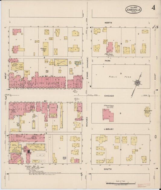 Sanborn Fire Insurance Map from Jonesville, Hillsdale County, Michigan (1922), Sheet #0004 - Historic Sanborn Fire Insurance Map Print, vintage old map wall art, antique decor, genealogy gift, Michigan Michigan map