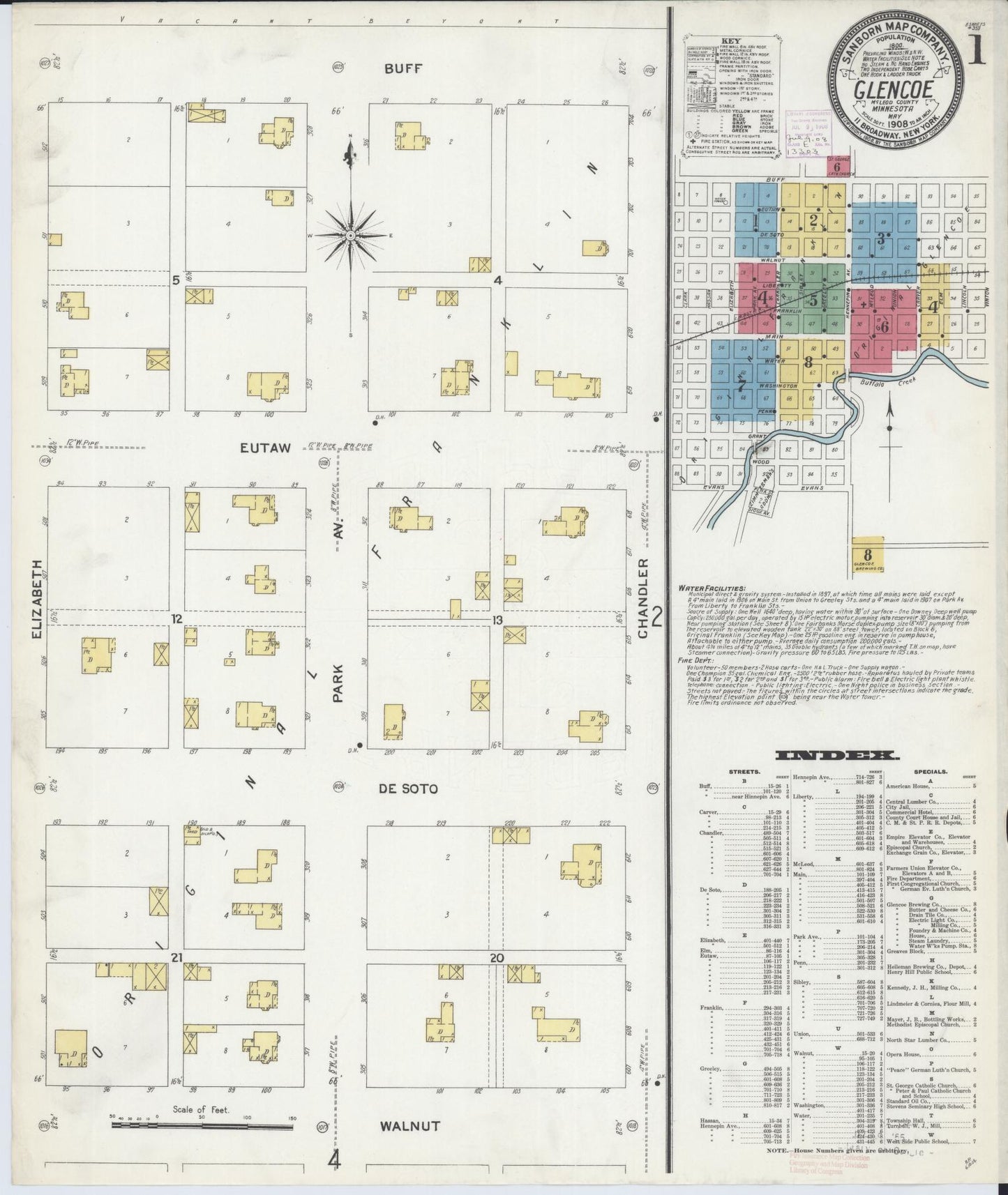Sanborn Fire Insurance Map from Glencoe, Mcleod County, Minnesota (1908), Sheet #0001 - Historic Sanborn Fire Insurance Map Print, vintage old map wall art, antique decor, genealogy gift, Minnesota Minnesota map