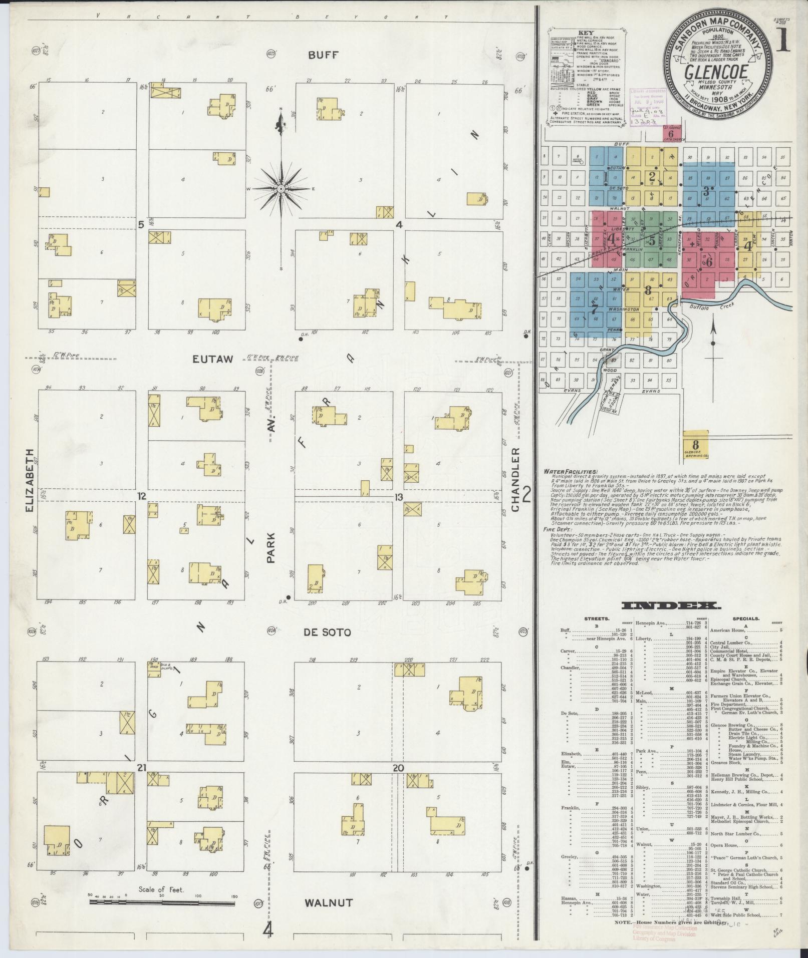 Sanborn Fire Insurance Map from Glencoe, Mcleod County, Minnesota (1908), Sheet #0001 - Historic Sanborn Fire Insurance Map Print, vintage old map wall art, antique decor, genealogy gift, Minnesota Minnesota map