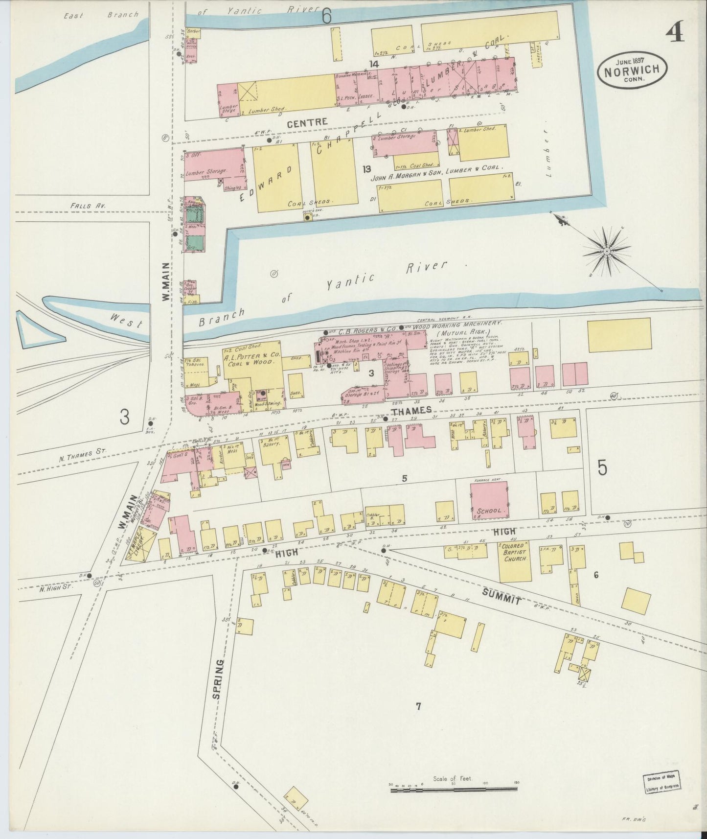 Sanborn Fire Insurance Map from Norwich, New London County, Connecticut (1897), Sheet #0004 - Complete Map Set gallery image, historic Sanborn map, vintage wall art, Connecticut Connecticut