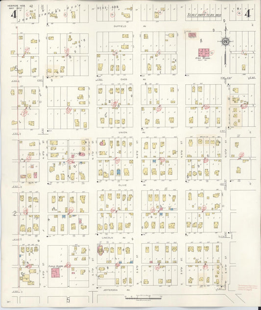 Sanborn Fire Insurance Map from Hebron, Thayer County, Nebraska (1944), Sheet #0004 - Historic Sanborn Fire Insurance Map Print, vintage old map wall art, antique decor, genealogy gift, Nebraska Nebraska map