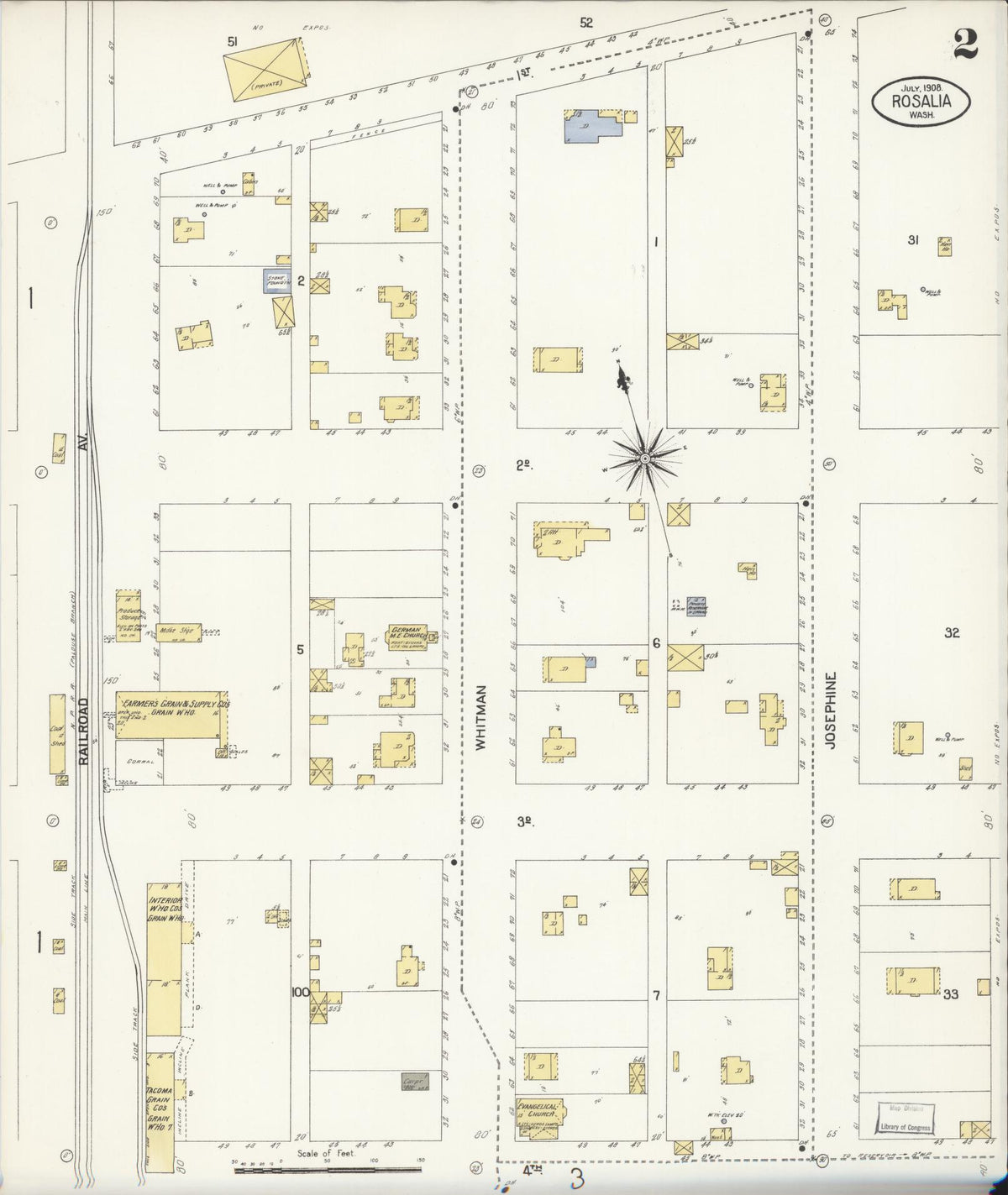 Sanborn Fire Insurance Map from Rosalia, Whitman County, Washington (1908), Sheet #0002 - Historic Sanborn Fire Insurance Map Print, vintage old map wall art, antique decor, genealogy gift, Washington Washington map