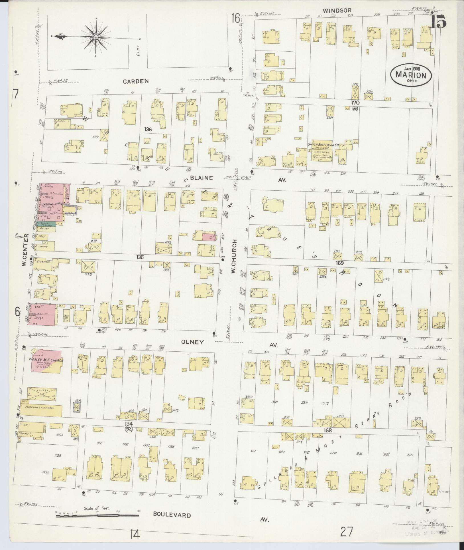 Sanborn Fire Insurance Map from Marion, Marion County, Ohio (1908), Sheet #0015 - Complete Map Set gallery image, historic Sanborn map, vintage wall art, Ohio Ohio