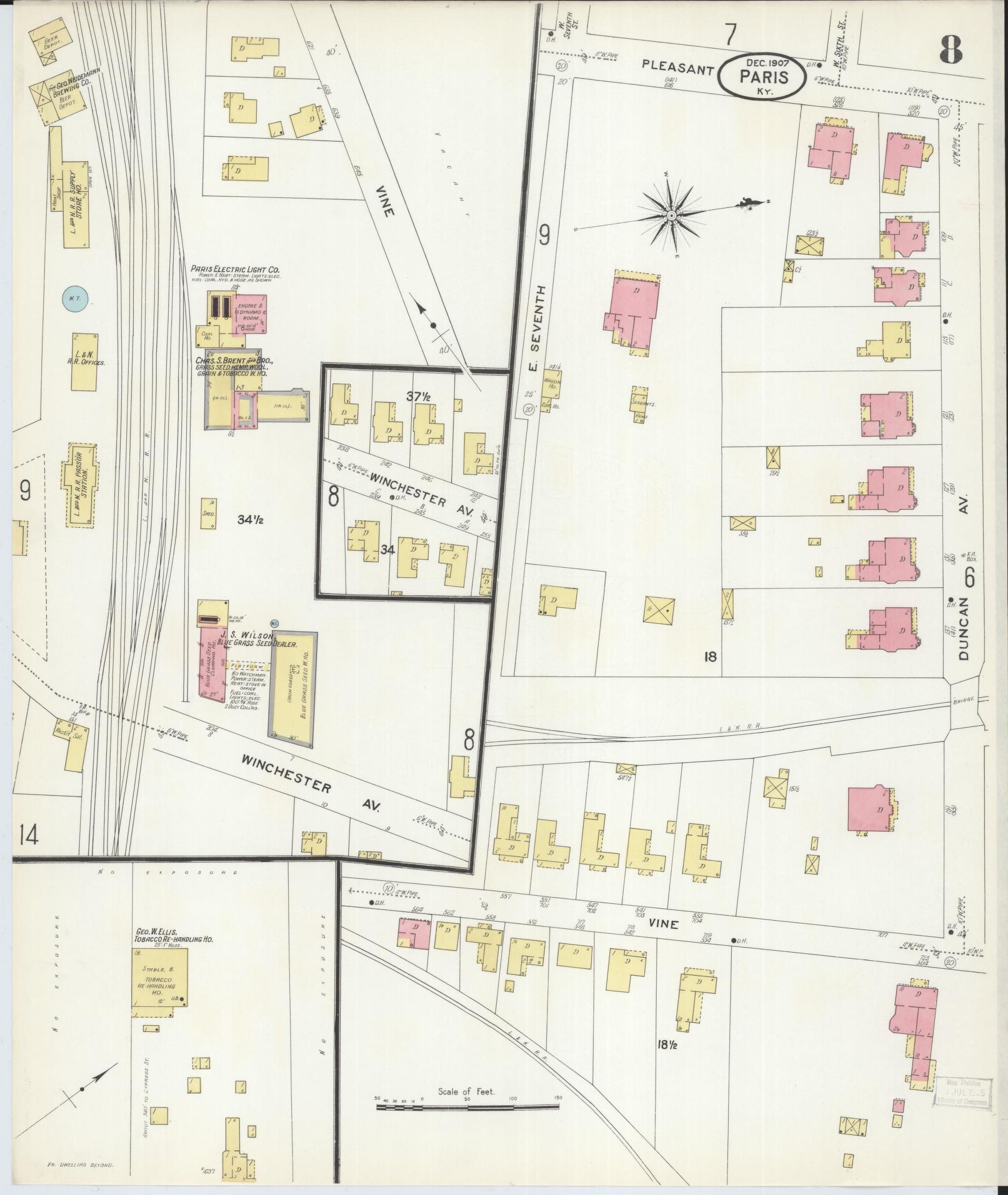 Sanborn Fire Insurance Map from Paris, Bourbon County, Kentucky (1907), Sheet #0008 - Complete Map Set gallery image, historic Sanborn map, vintage wall art, Kentucky Kentucky