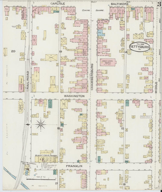 Sanborn Fire Insurance Map from Gettysburg, Adams County, Pennsylvania (1886), Sheet #0003 - Historic Sanborn Fire Insurance Map Print, vintage old map wall art, antique decor, genealogy gift, Pennsylvania Pennsylvania map