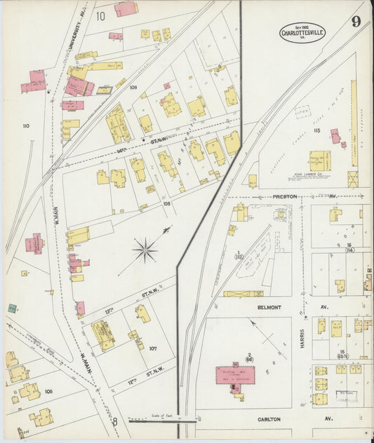 Sanborn Fire Insurance Map from Charlottesville, Independent Cities, Virginia (1902), Sheet #0009 - Historic Sanborn Fire Insurance Map Print, vintage old map wall art, antique decor, genealogy gift, Virginia Virginia map