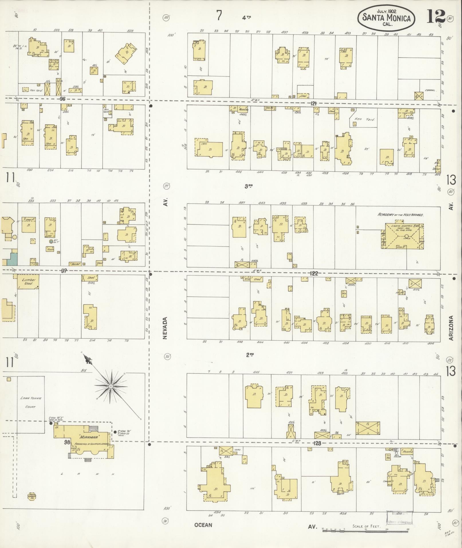Sanborn Fire Insurance Map from Santa Monica, Los Angeles County, California (1902), Sheet #0012 - Complete Map Set gallery image, historic Sanborn map, vintage wall art, California California