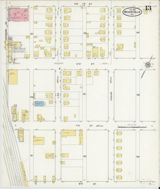 Sanborn Fire Insurance Map from Wichita Falls, Wichita County, Texas (1915), Sheet #0013 - Historic Sanborn Fire Insurance Map Print, vintage old map wall art, antique decor, genealogy gift, Texas Texas map