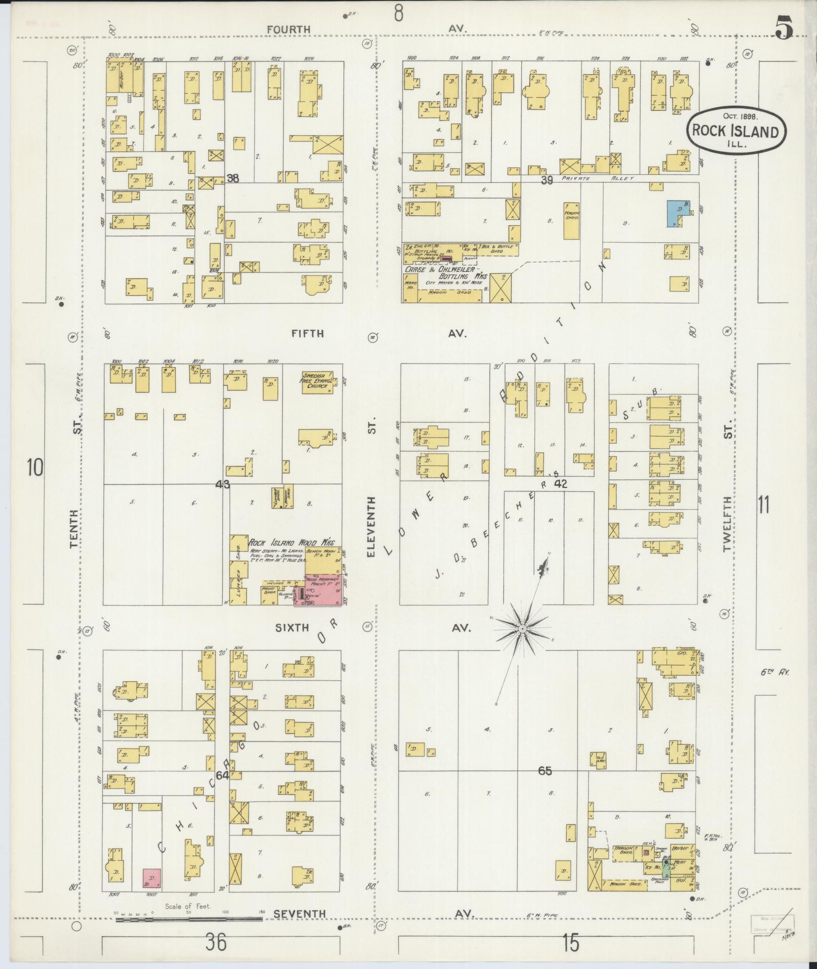 Sanborn Fire Insurance Map from Rock Island, Rock Island County, Illinois (1898), Sheet #0005 - Historic Sanborn Fire Insurance Map Print, vintage old map wall art, antique decor, genealogy gift, Illinois Illinois map
