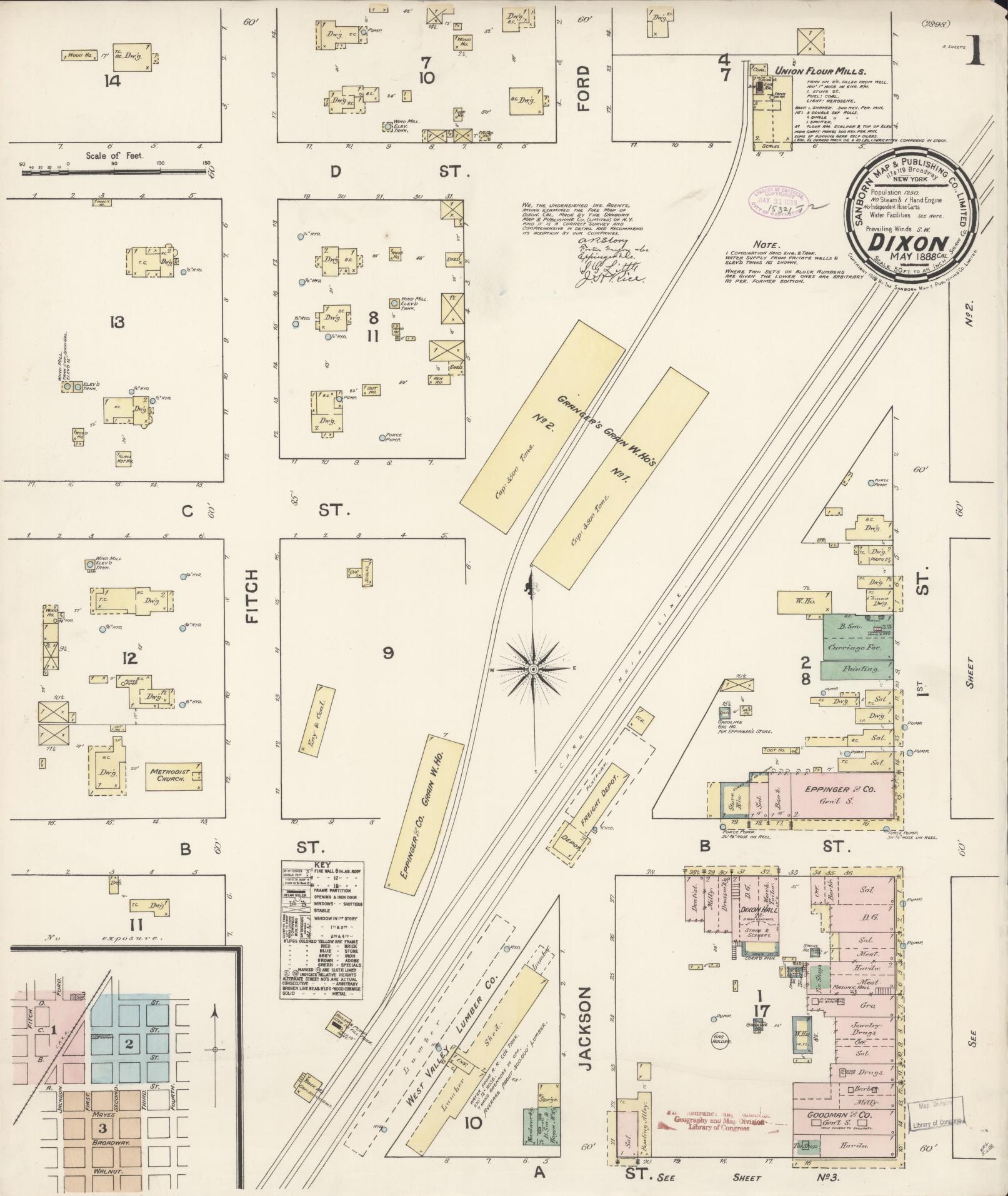 Sanborn Fire Insurance Map from Dixon, Solano County, California (1888), Sheet #0001 - Complete Map Set gallery image, historic Sanborn map, vintage wall art, California California