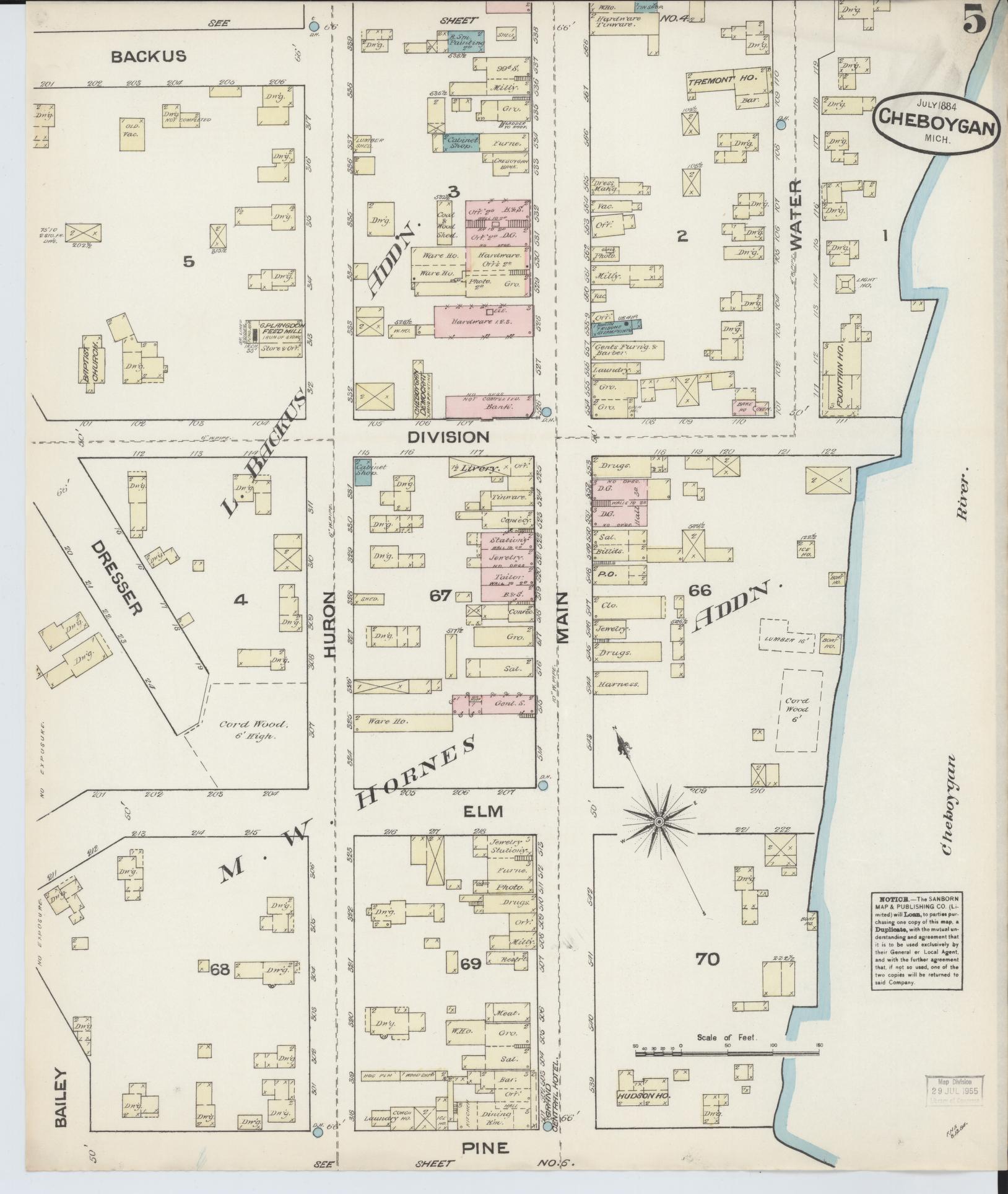 Sanborn Fire Insurance Map from Cheboygan, Cheboygan County, Michigan (1884), Sheet #0005 - Complete Map Set gallery image, historic Sanborn map, vintage wall art, Michigan Michigan