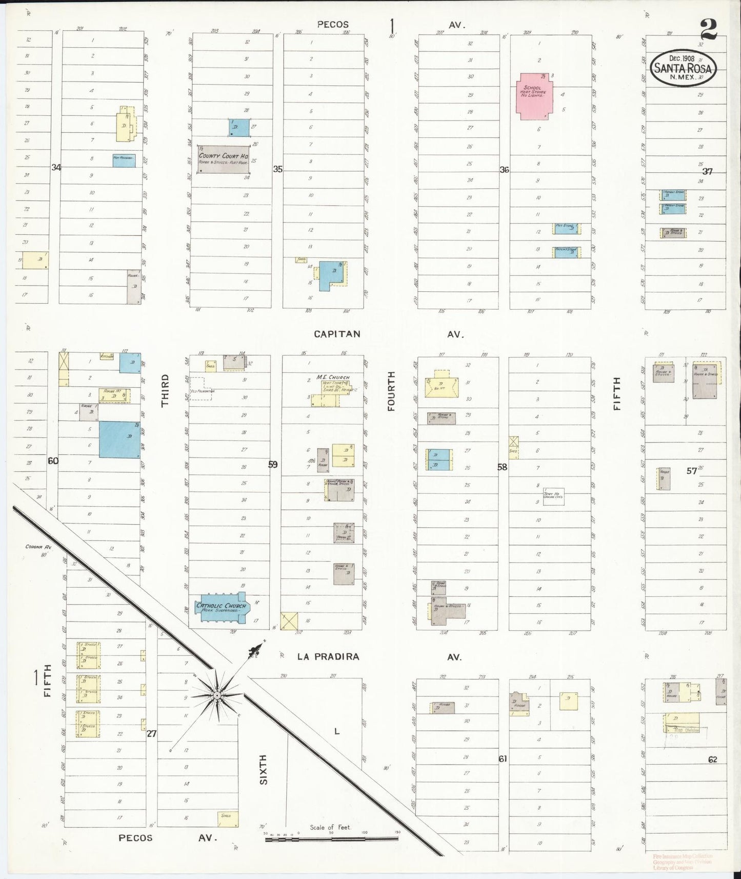 Sanborn Fire Insurance Map from Santa Rosa, Guadalupe County, New Mexico (1908), Sheet #0002 - Historic Sanborn Fire Insurance Map Print, vintage old map wall art, antique decor, genealogy gift, New Mexico New Mexico map