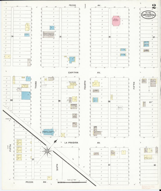 Sanborn Fire Insurance Map from Santa Rosa, Guadalupe County, New Mexico (1908), Sheet #0002 - Historic Sanborn Fire Insurance Map Print, vintage old map wall art, antique decor, genealogy gift, New Mexico New Mexico map