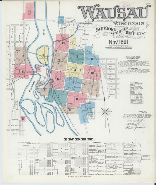 Sanborn Fire Insurance Map from Wausau, Marathon County, Wisconsin (1891), Sheet #0001 - Historic Sanborn Fire Insurance Map Print, vintage old map wall art, antique decor, genealogy gift, Wisconsin Wisconsin map