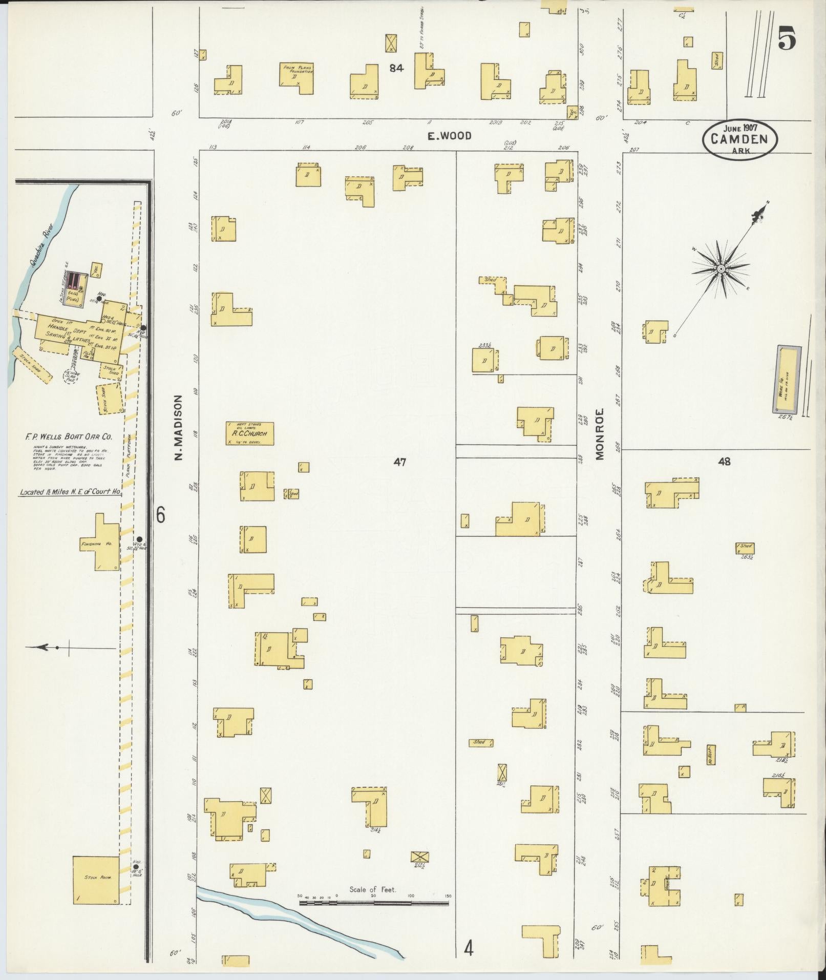Sanborn Fire Insurance Map from Camden, Ouachita County, Arkansas (1907), Sheet #0005 - Historic Sanborn Fire Insurance Map Print, vintage old map wall art, antique decor, genealogy gift, Arkansas Arkansas map