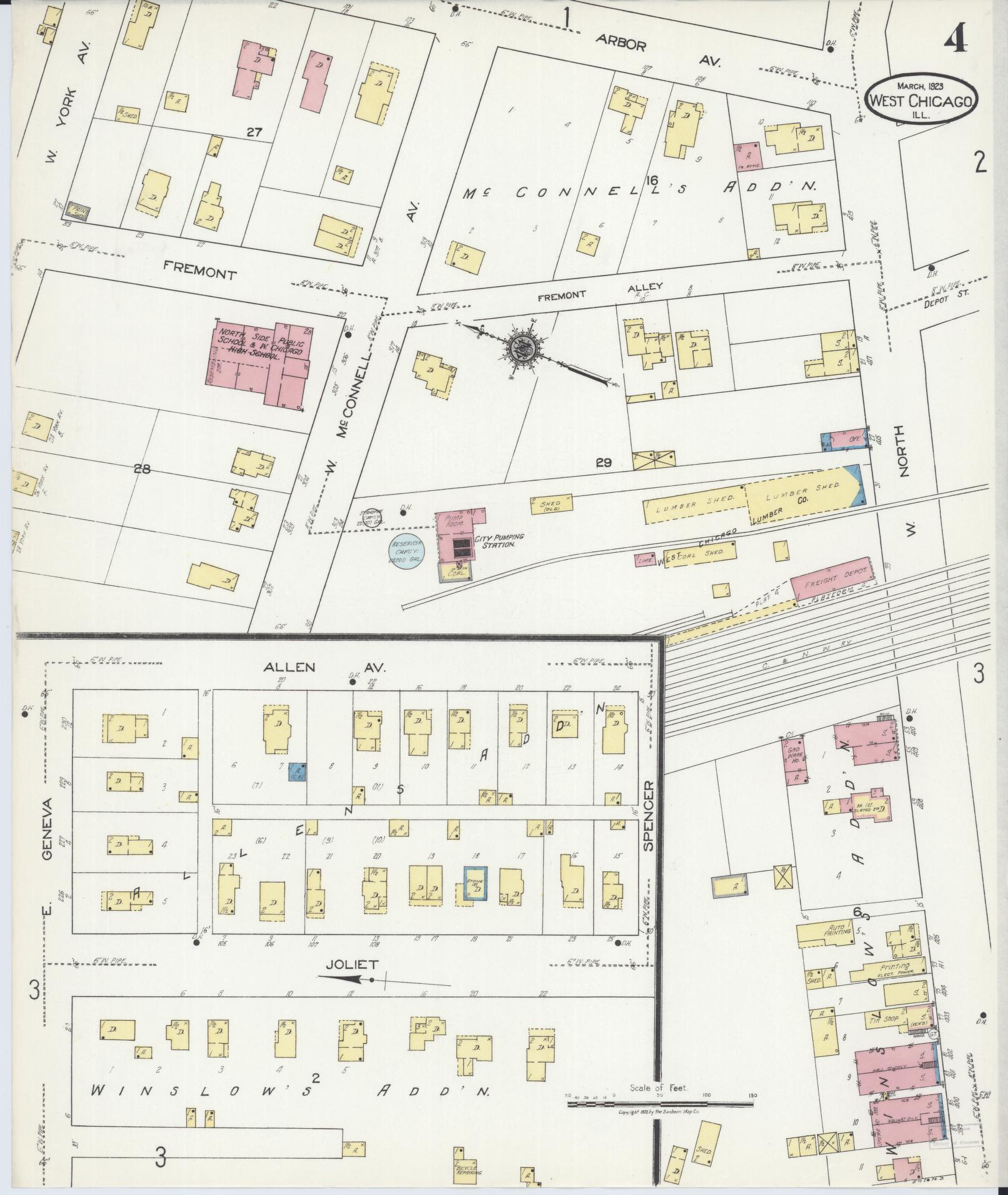 Sanborn Fire Insurance Map from West Chicago, Du Page County, Illinois (1923), Sheet #0004 - Complete Map Set gallery image, historic Sanborn map, vintage wall art, Illinois Illinois