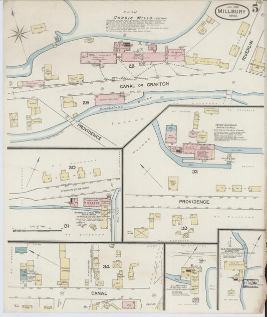 Sanborn Fire Insurance Map from Millbury, Worcester County, Massachusetts (1888), Sheet #0005 - Historic Sanborn Fire Insurance Map Print, vintage old map wall art, antique decor, genealogy gift, Massachusetts Massachusetts map
