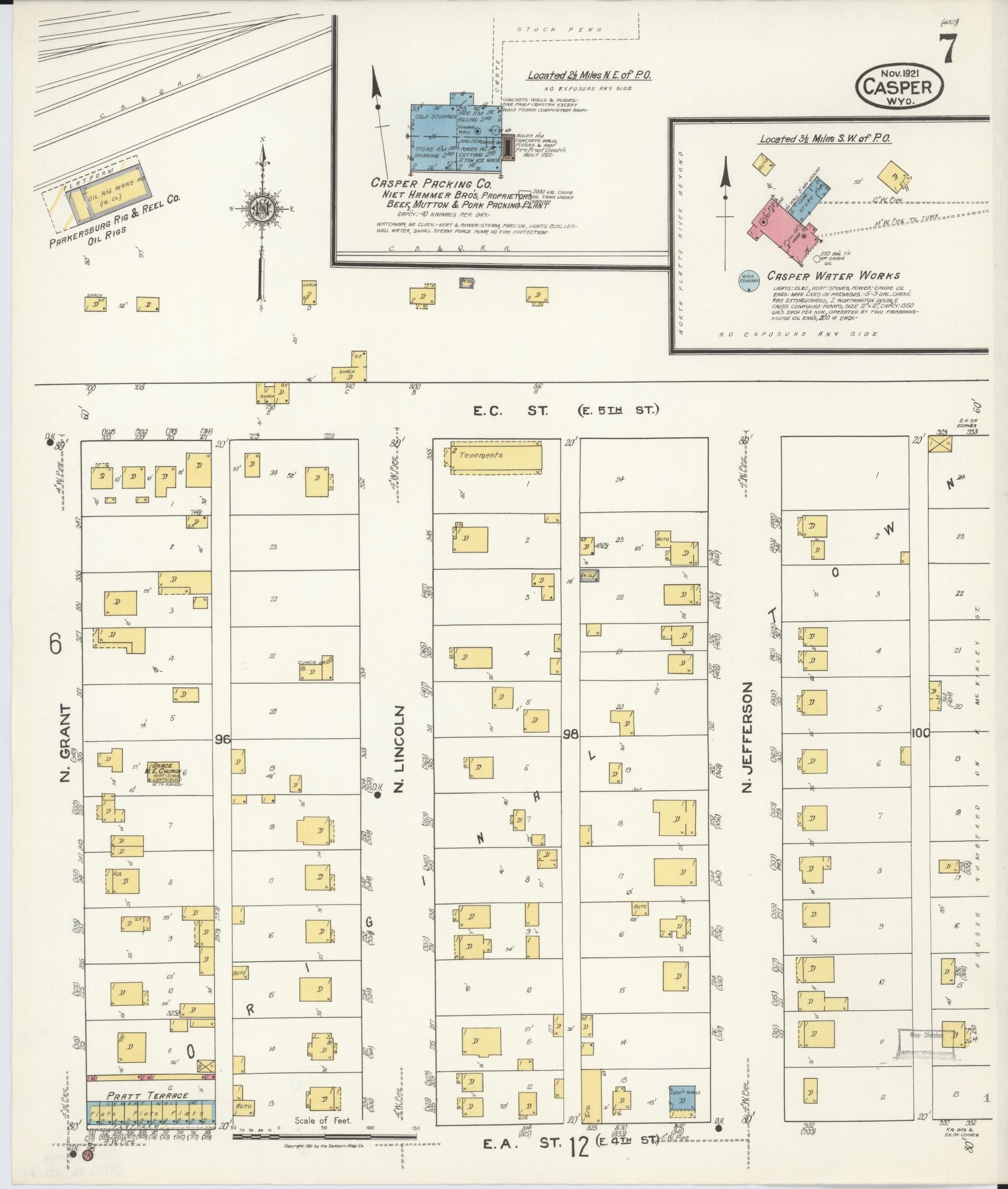 Sanborn Fire Insurance Map from Casper, Natrona County, Wyoming (1921), Sheet #0008 - Complete Map Set gallery image, historic Sanborn map, vintage wall art, Wyoming Wyoming