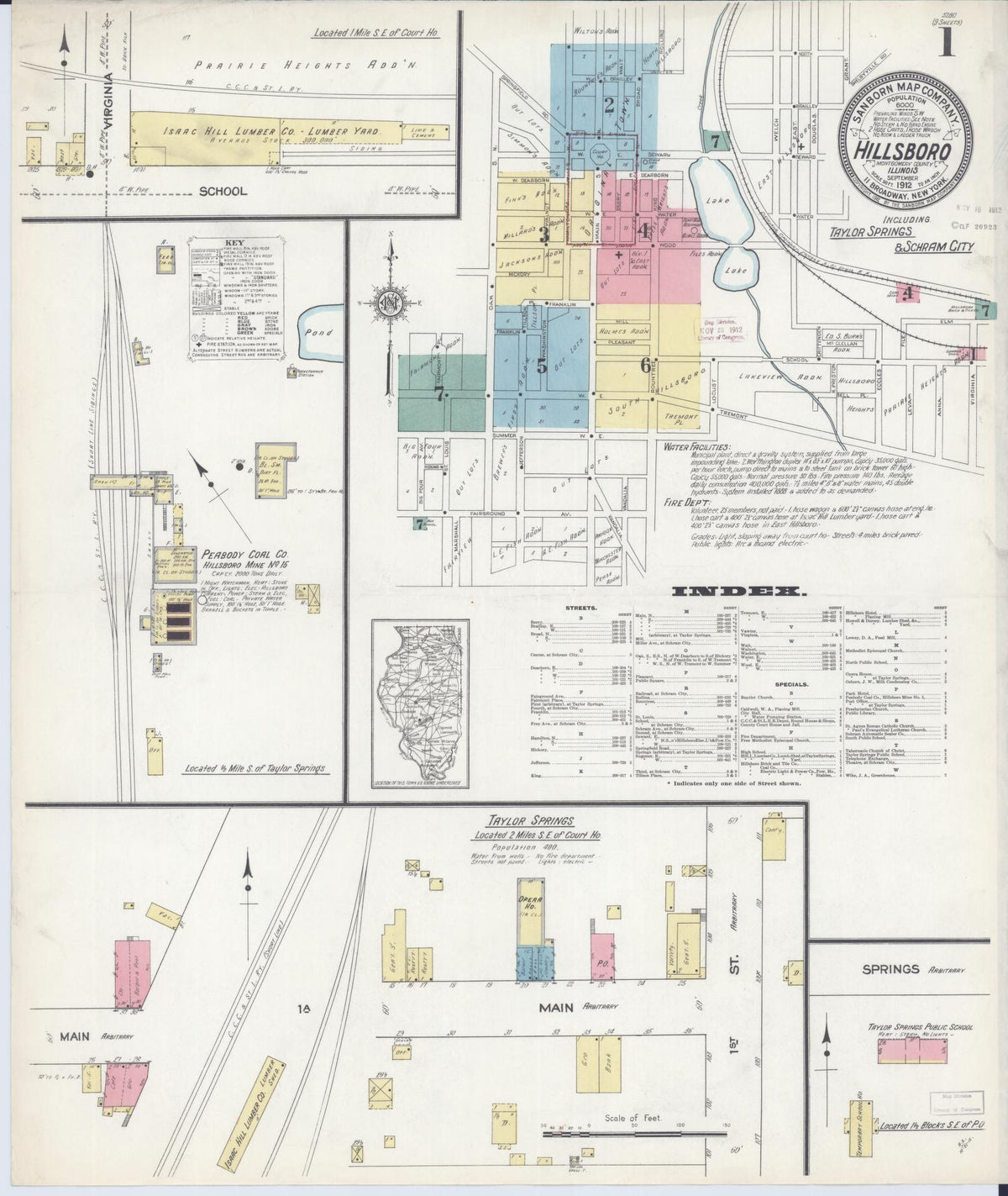 Sanborn Fire Insurance Map from Hillsboro, Montgomery County, Illinois (1912), Sheet #0001 - Complete Map Set gallery image, historic Sanborn map, vintage wall art, Illinois Illinois