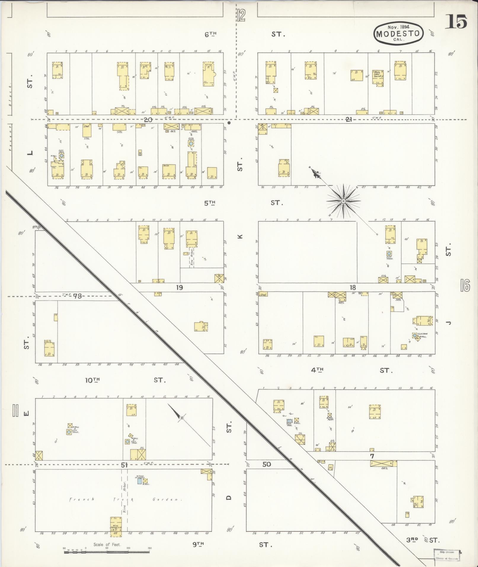 Sanborn Fire Insurance Map from Modesto, Stanislaus County, California (1894), Sheet #0015 - Complete Map Set gallery image, historic Sanborn map, vintage wall art, California California