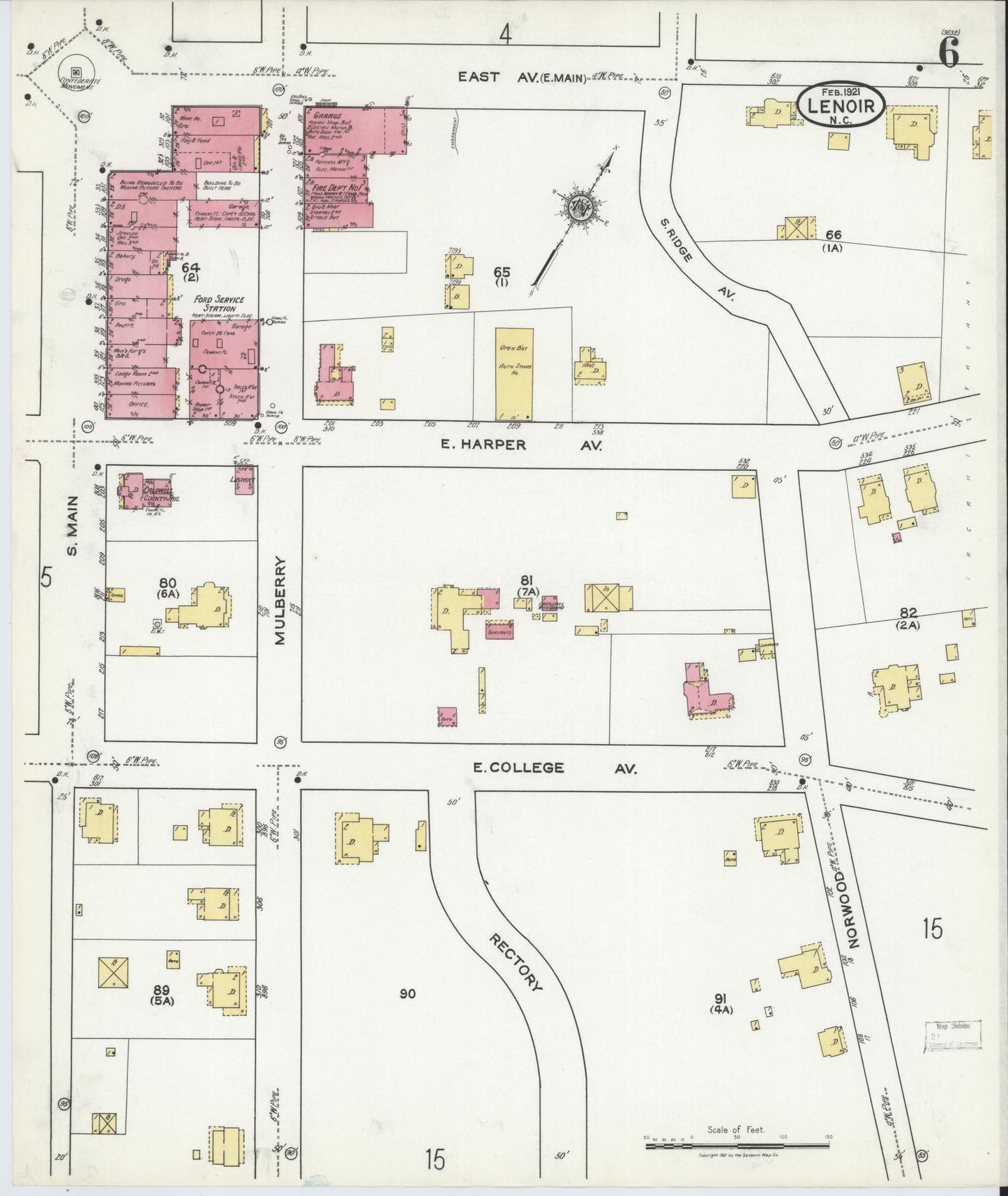 Sanborn Fire Insurance Map from Lenoir, Caldwell County, North Carolina (1921), Sheet #0006 - Historic Sanborn Fire Insurance Map Print, vintage old map wall art, antique decor, genealogy gift, North Carolina North Carolina map