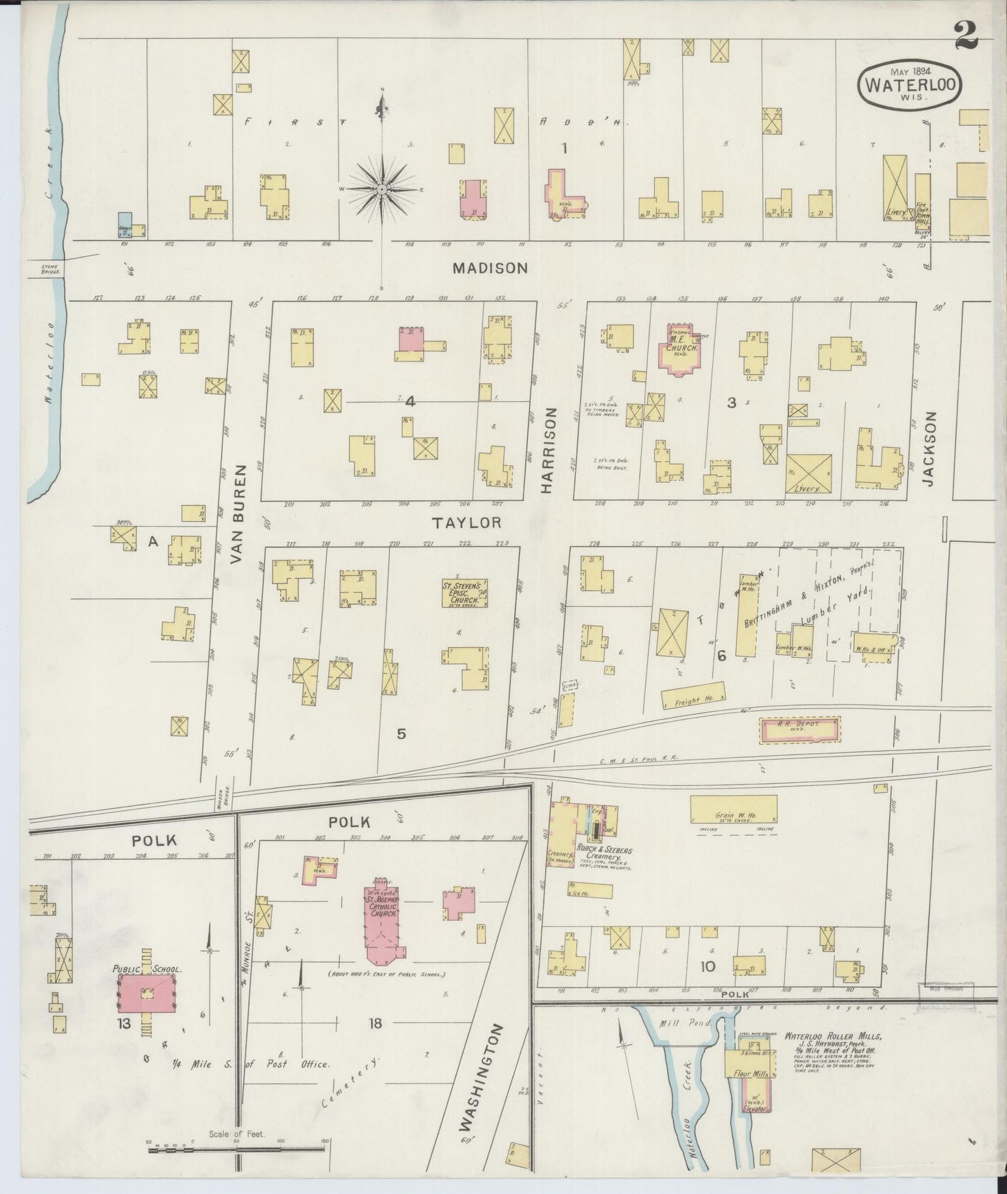 Sanborn Fire Insurance Map from Waterloo, Jefferson County, Wisconsin (1894), Sheet #0002 - Historic Sanborn Fire Insurance Map Print, vintage old map wall art, antique decor, genealogy gift, Wisconsin Wisconsin map