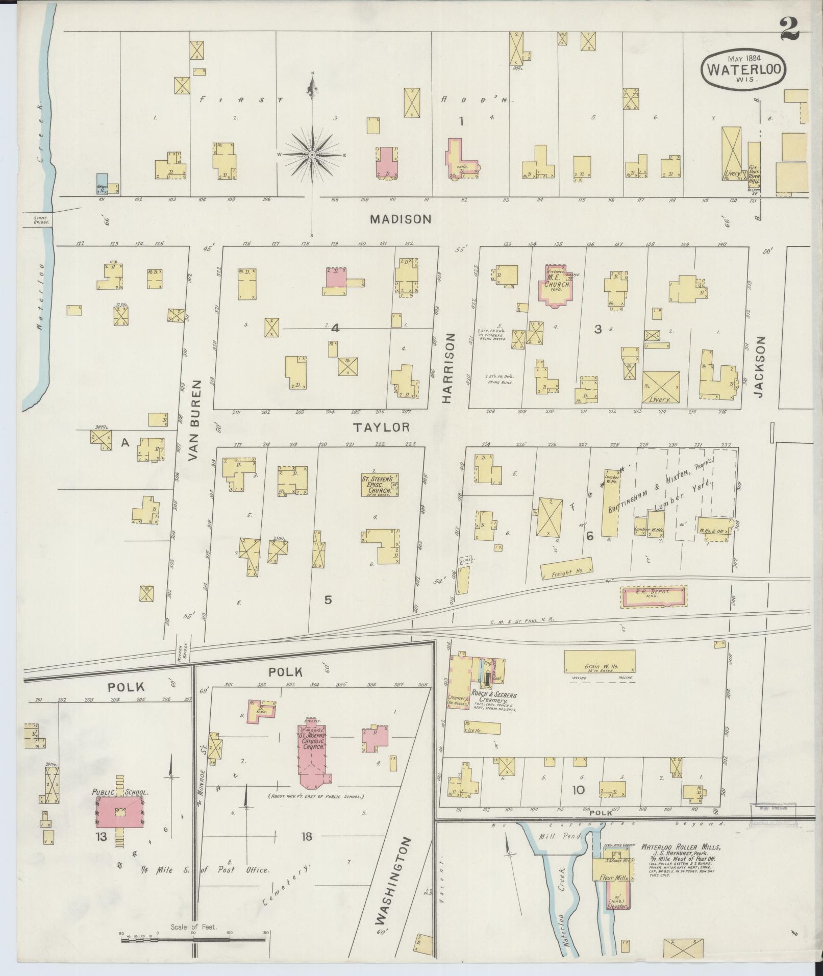 Sanborn Fire Insurance Map from Waterloo, Jefferson County, Wisconsin (1894), Sheet #0002 - Historic Sanborn Fire Insurance Map Print, vintage old map wall art, antique decor, genealogy gift, Wisconsin Wisconsin map